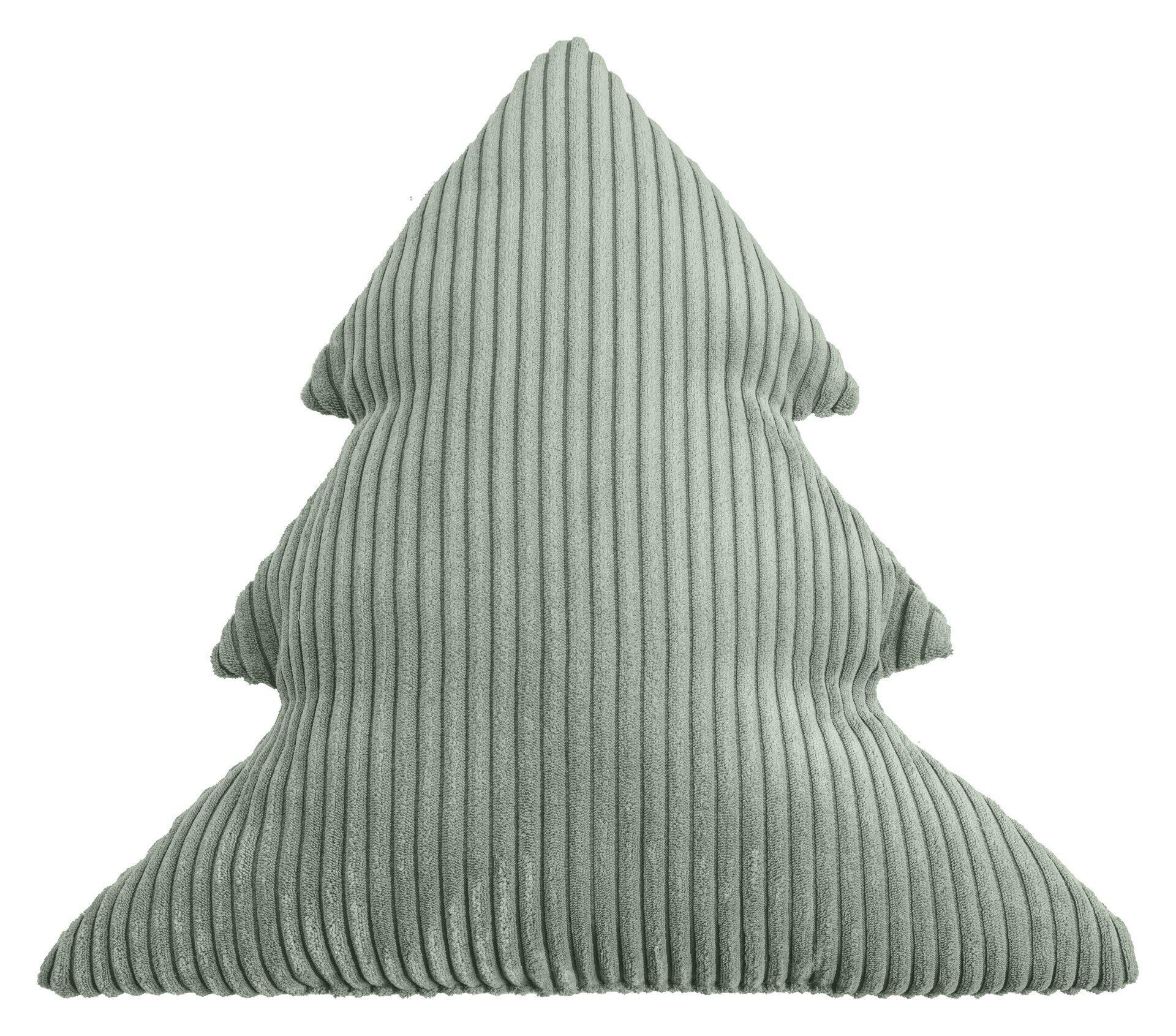 Formkissen Tanne Shara: Hellgraues Cord-Kissen in Weihnachtsbaum-Form mit vertikalen Rippen, aus der Frontansicht leicht erhöht fotografiert.