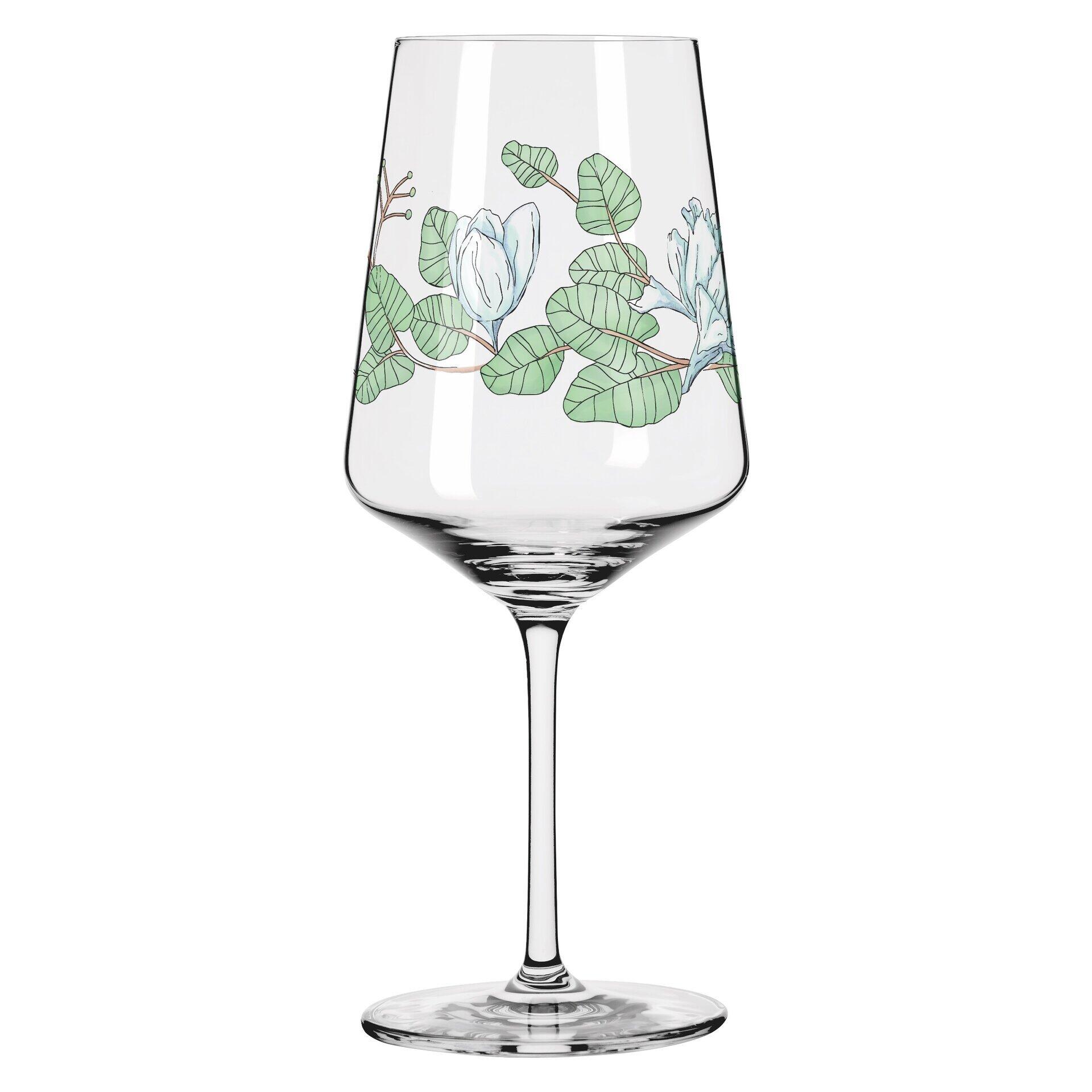 Aperitifglas mit schlankem Stiel und breitem Kelch, verziert mit stilisiertem Blumendruck, präsentiert in voller Höhe.