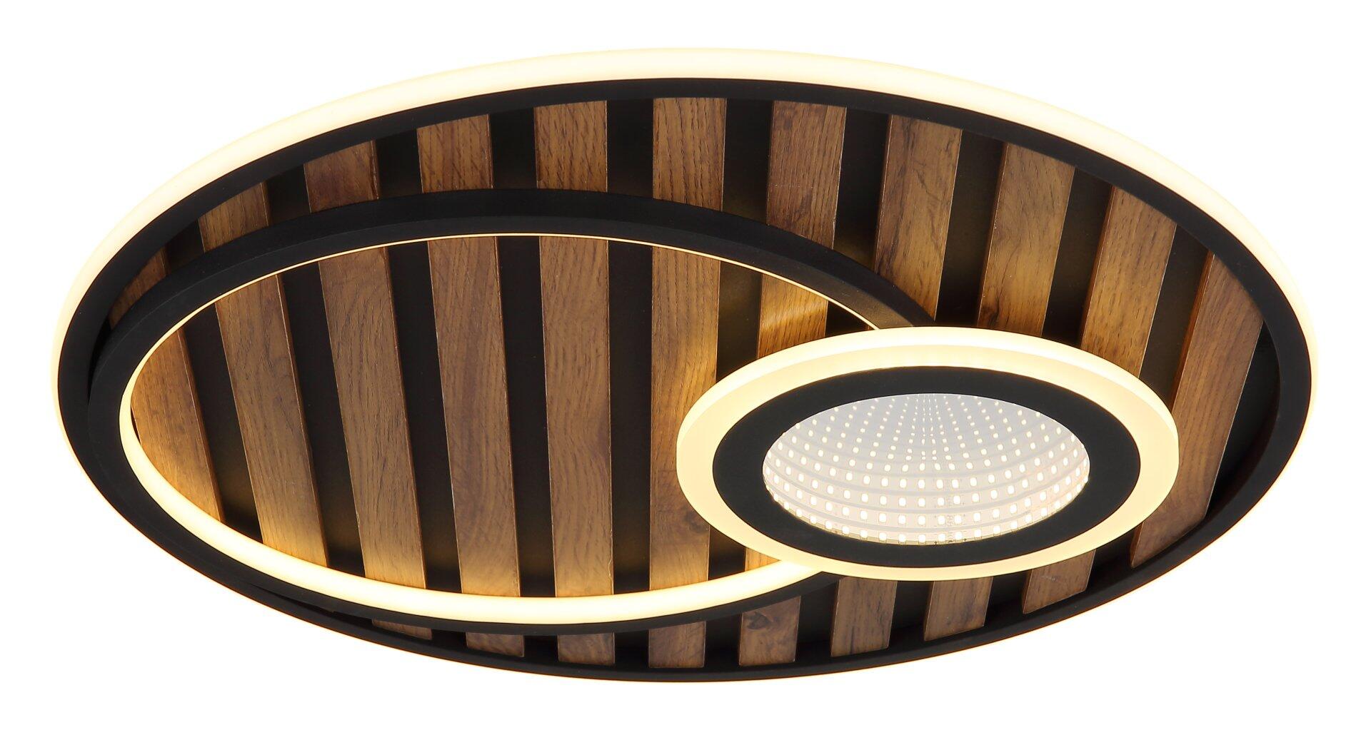 Deckenleuchte WOODY mit drei getrennt schaltbaren LED-Ringen, die in einer Frontalperspektive die Struktur aus schwarzem Rahmen, braunen Holzelementen und den konzentrischen LED-Ringen zeigt.