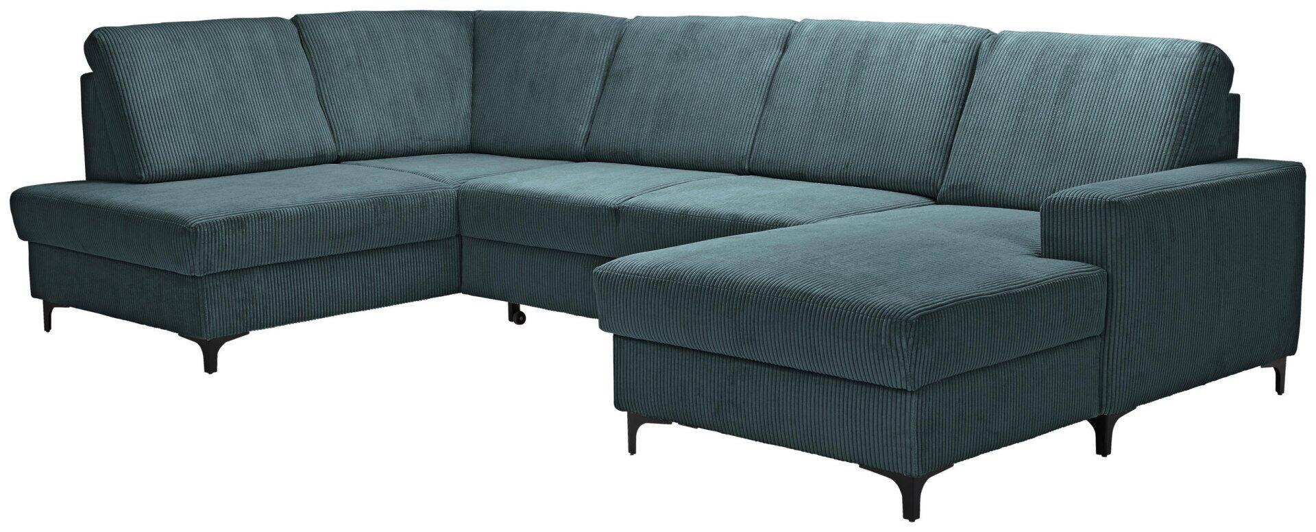 Dunkelblaues Wohnsofa Balina in U-Form mit Winkelfüßen, leicht geneigten Rückenlehnen und Querstreifenmuster, aus der Seitenperspektive zur räumlichen Darstellung.