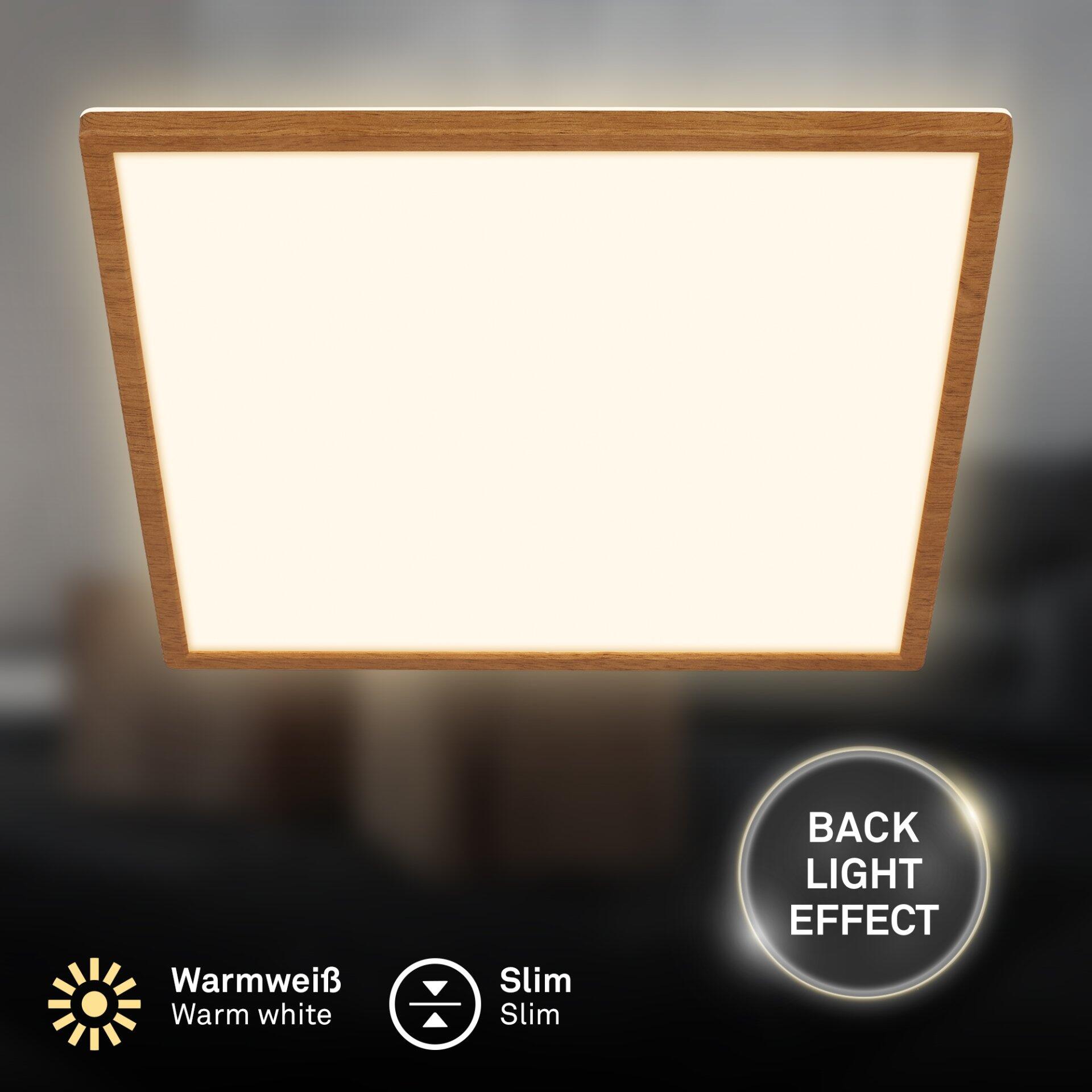 Panel Tava Wood Wandleuchte mit hinterleuchtetem Effekt und schlankem Holzrahmen.
