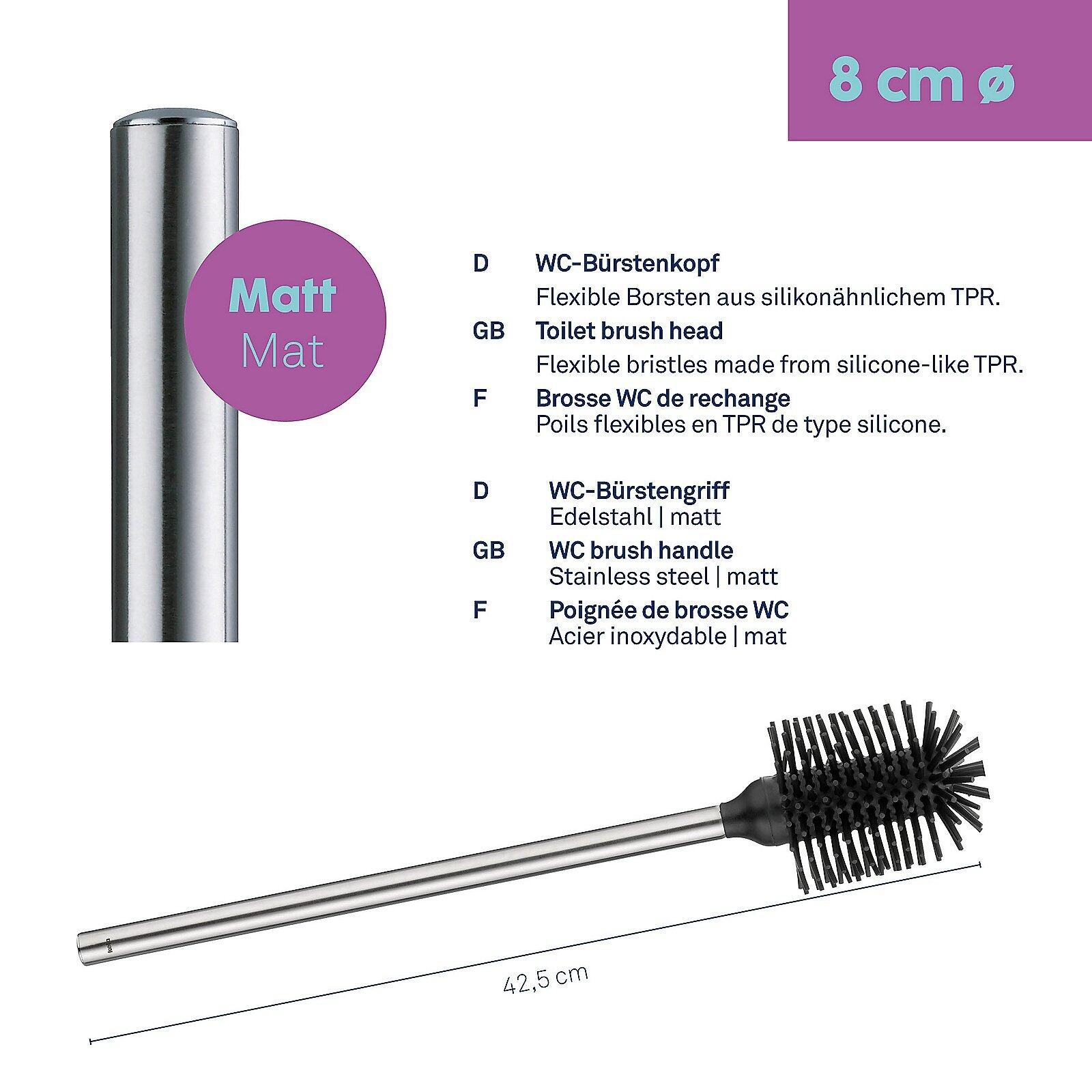 Toilettenbürstenhalter La Brosse mit flexiblen Silikonborsten, Edelstahlstiel und den Maßen Ø8cm und T: 42,5cm, dargestellt aus schräger Draufsicht und Seitenansicht.