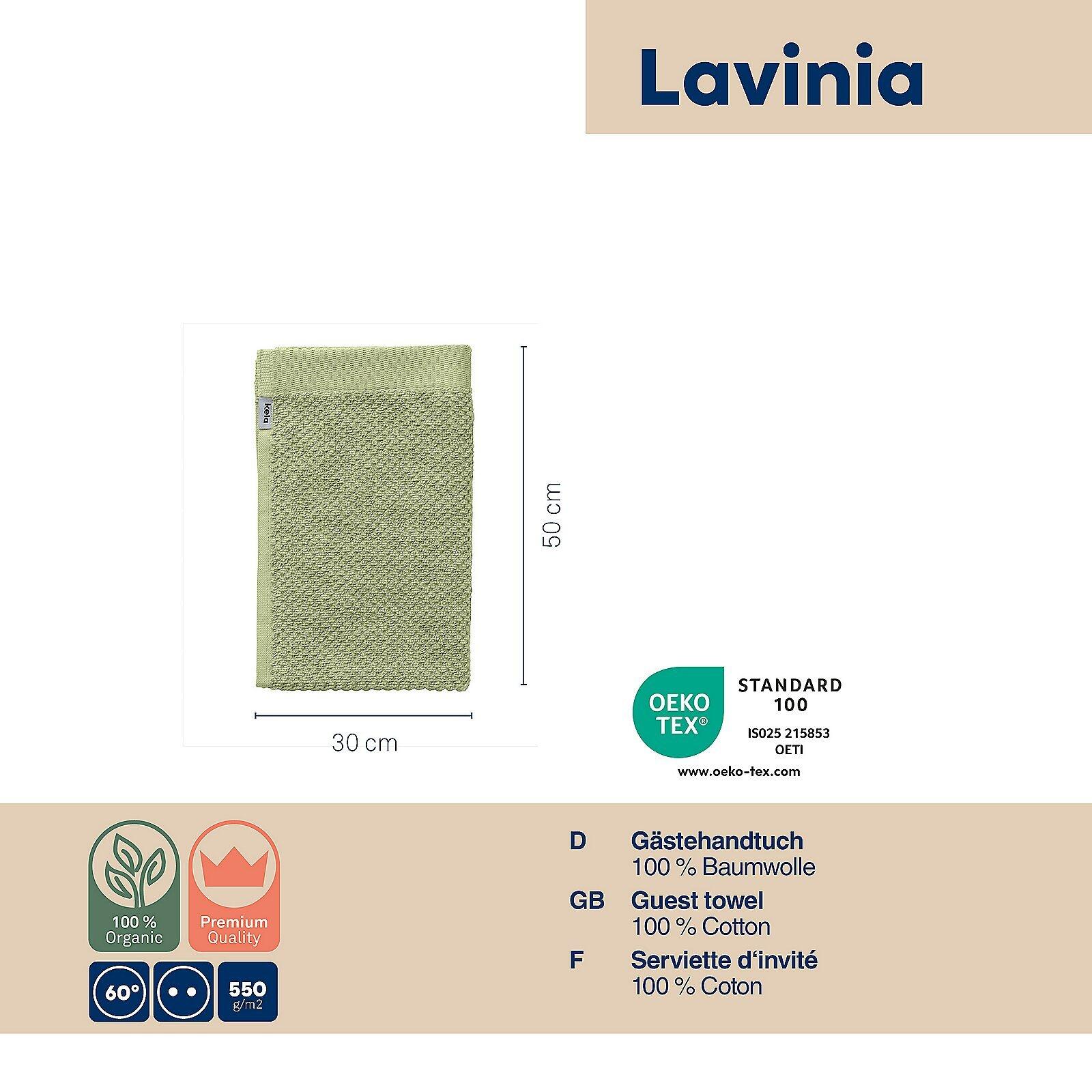 Gästetuch Lavinia in Hellgrün, flachliegend mit OEKO-TEX® Label und Angaben zu Baumwollanteil und Gewicht.