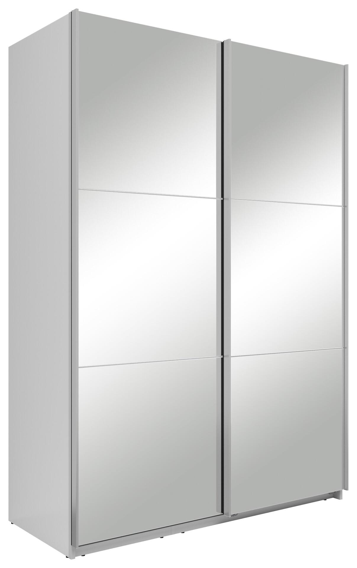 Schwebetürenschrank Neo mit zwei glatten, reflektierenden Türen, die sich seitlich öffnen, sowie einer horizontalen silberfarbenen Leiste zur optischen Unterteilung.