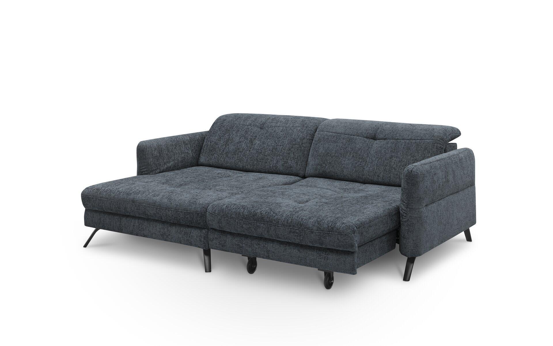 Graues Ecksofa SO 4400 mit U-förmiger Anordnung, schwarzem Metallfuß und hochklappbarer Rückenlehne für die Schlaffunktion, fotografiert aus leicht schräger Perspektive.