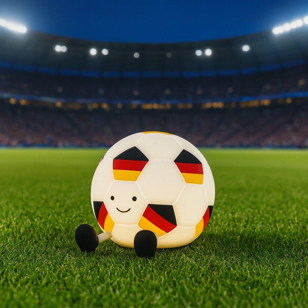 Tischleuchte Jogi mit Fußball-Design in den deutschen Farben auf Rasen, die dimmbare Touch-Funktion und den ON/OFF-Schalter demonstriert.