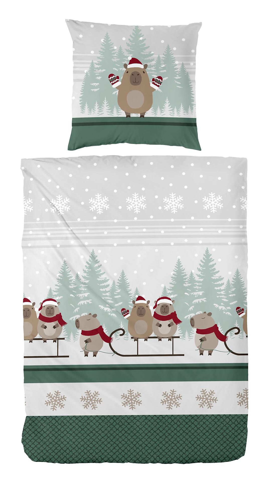 Bettwäsche-Set aus grau-grünem Feinbiber mit winterlichem Eichhörnchen-Motiv, das Schlittschuh fahren zeigt.