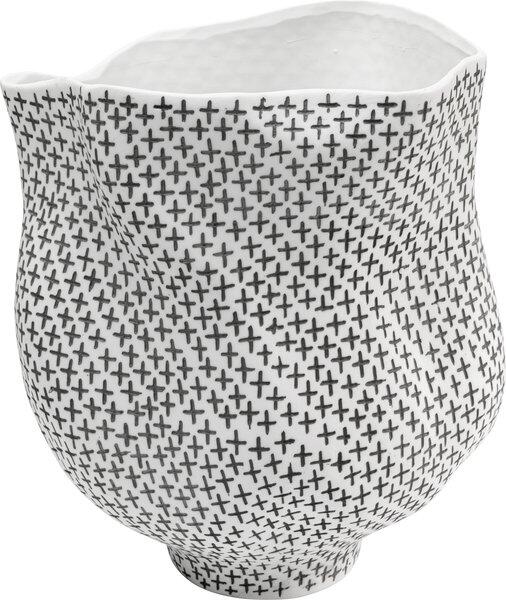 Handbemalte Porzellanvase Anemone 35cm mit welliger Form und dichtem, schwarzem Linienmuster.