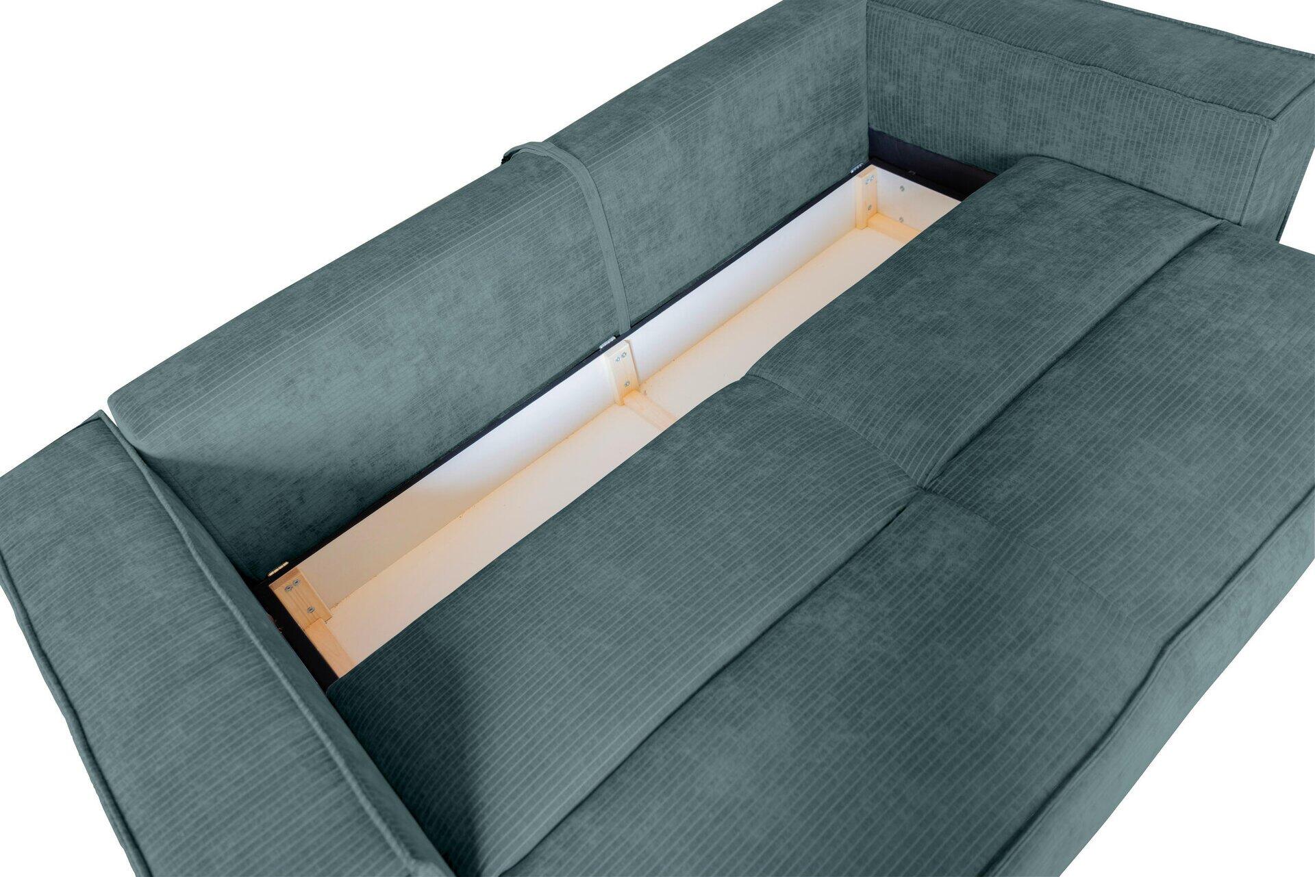 Bigsofa Sky: Detailansicht des Stauraums im Sofa, der durch Anheben der Sitzfläche zugänglich wird, mit Metallstift zur Fixierung.