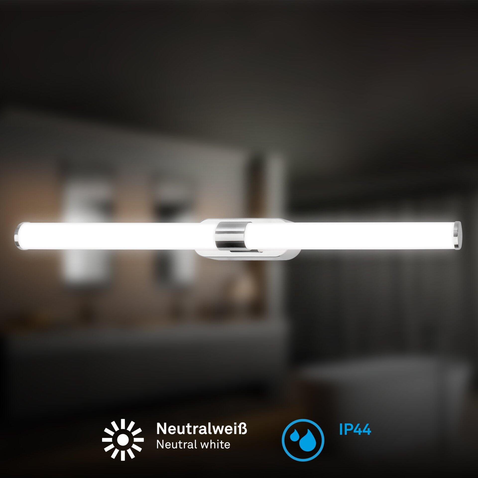 Badezimmerleuchte Runt: Schlanker Wandspiegel mit integrierter LED-Beleuchtung in neutralweiß (4000K) und spritzwassergeschütztem Design (IP44).