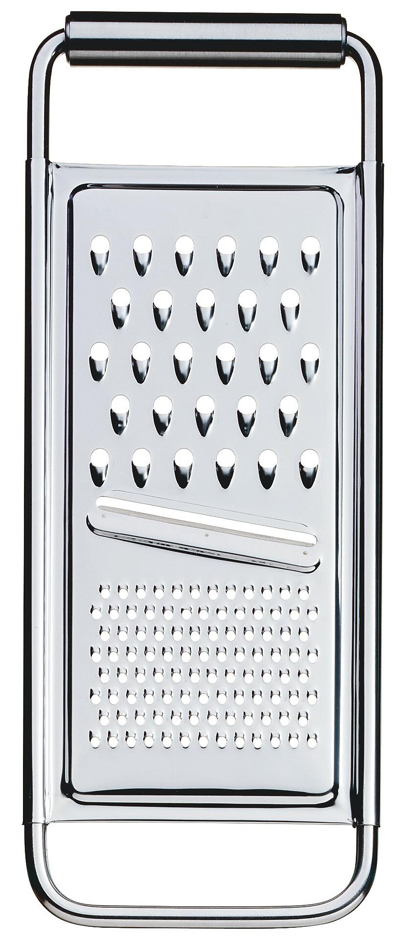 Universalreibe WMF mit trapezförmigen Löchern zum Reiben von Lebensmitteln und ergonomischen Griffen, aus Edelstahl in Frontalperspektive.