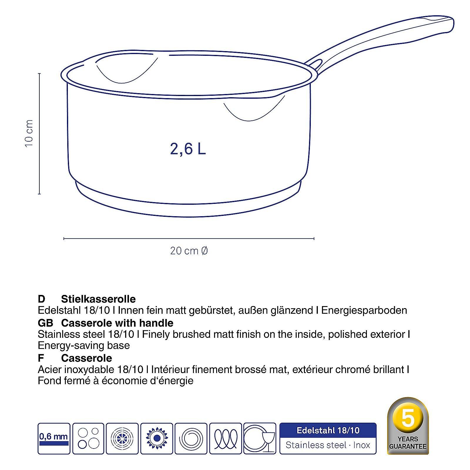 Flavoria Stielkasserolle, Ø20cm, aus Edelstahl mit gebürstetem Innenboden und glänzendem Außenbereich sowie Energiesparfunktion.