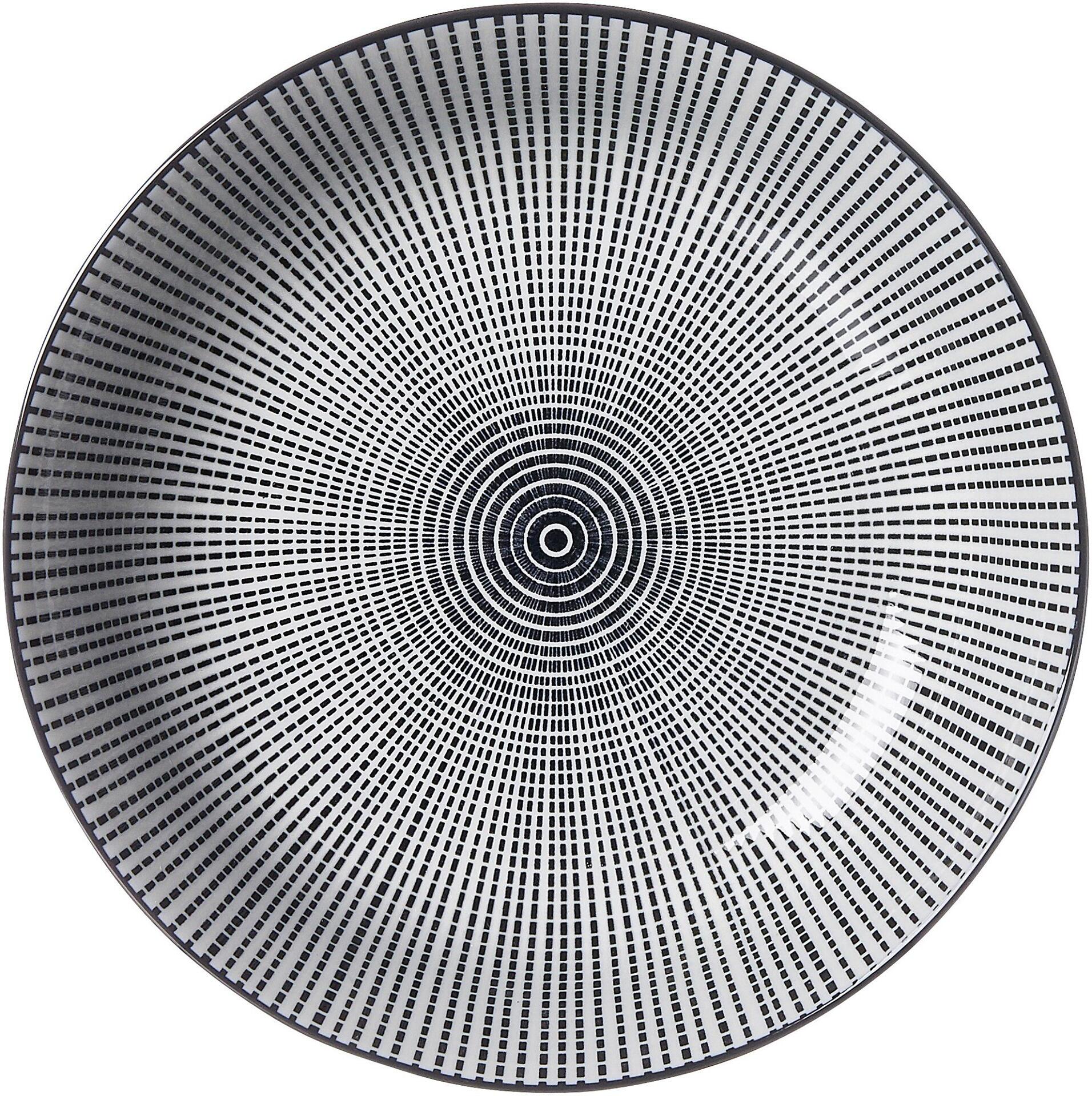 Runde, schwarze Deckenleuchte Takeo Stripes mit spiralförmigem, weißem Muster und 3D-Effekt, betrachtet aus direkter Vogelperspektive.