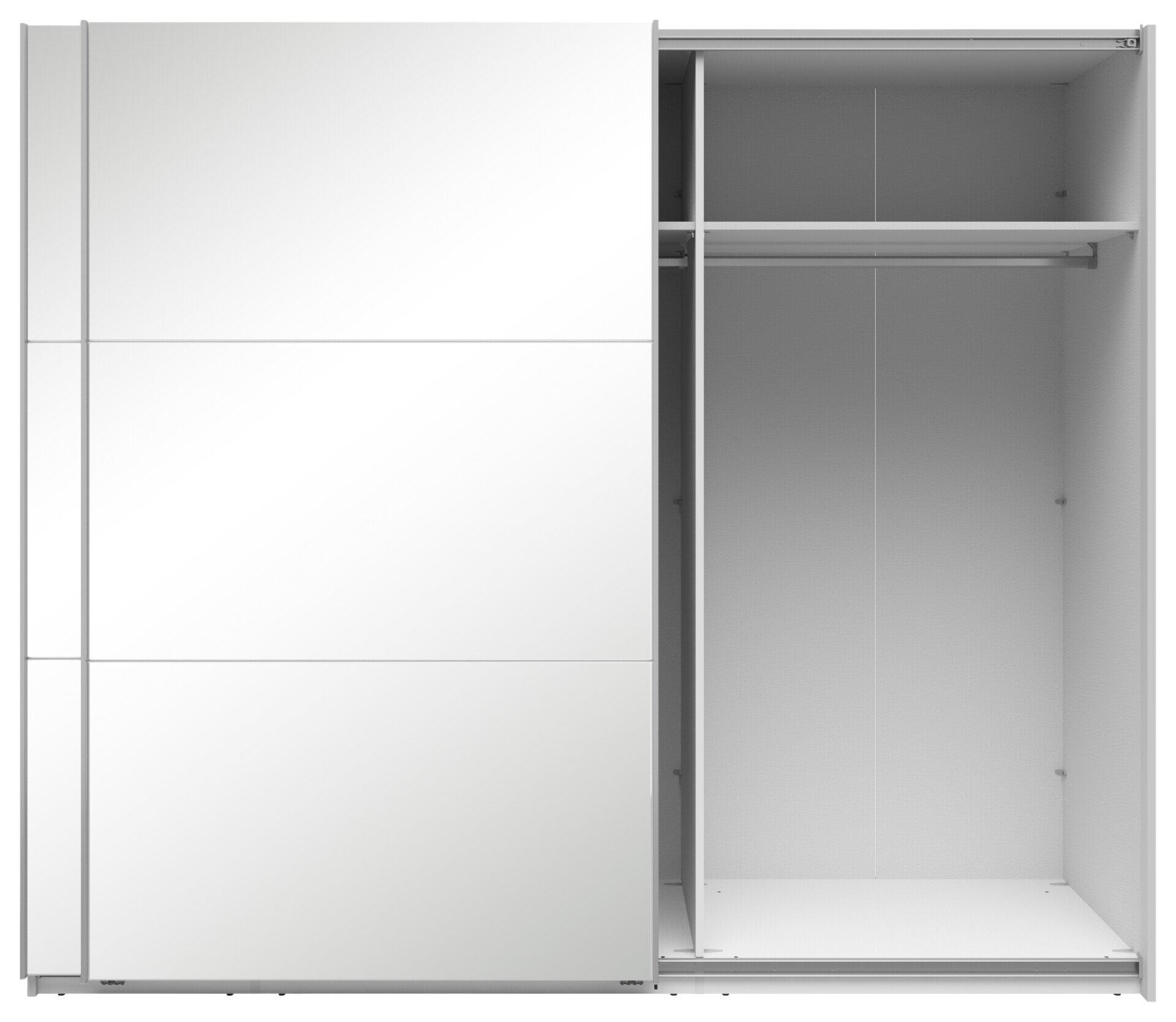 Geöffneter Schwebetürenschrank Neo mit Spiegelglass-Front, Innenraumansicht mit linker Kleiderstange und hohem Fach rechts.