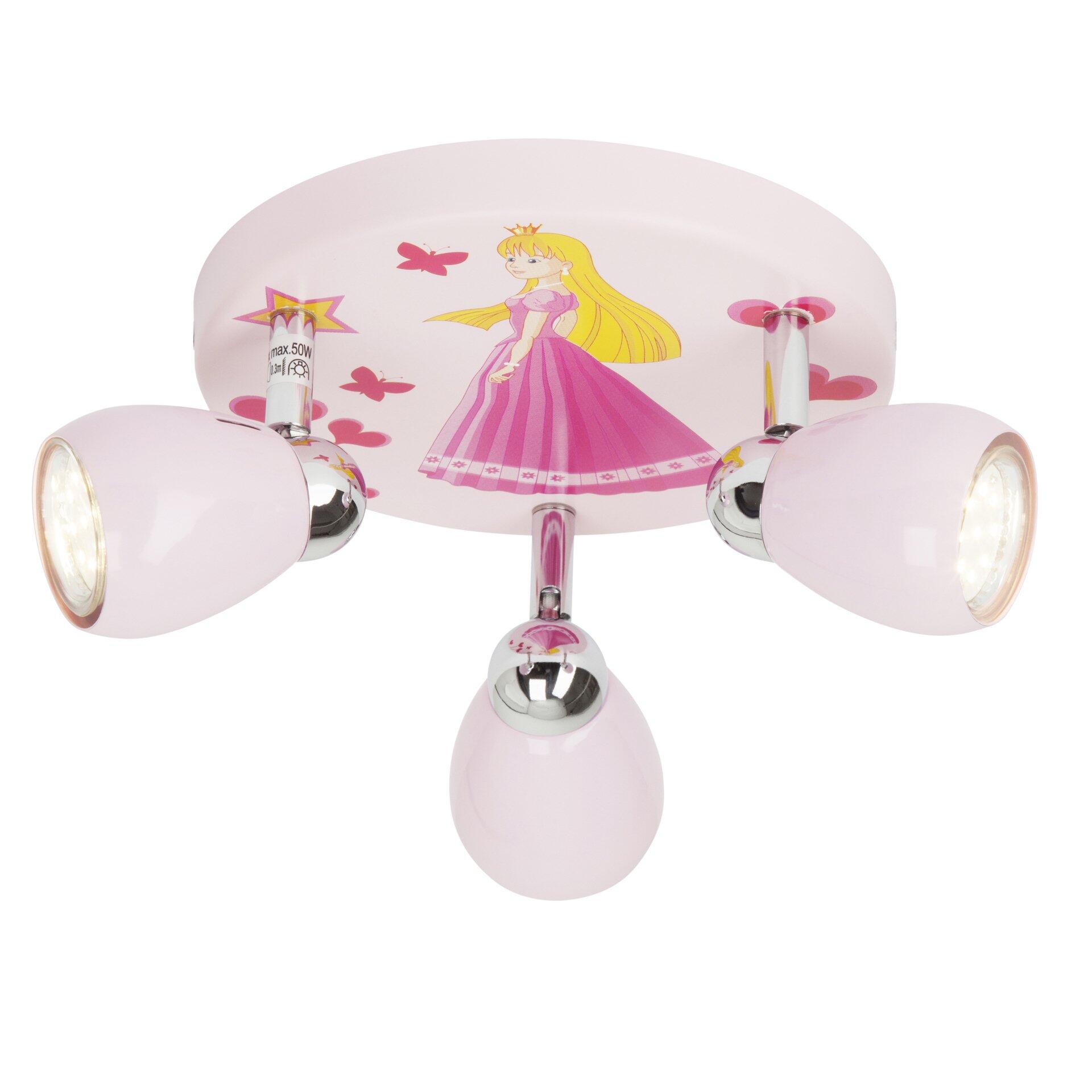 Pinkfarbene Spotleuchte Princess mit schwenkbaren, halbkugelförmigen Lampenköpfen, die in einem Winkel nach unten gerichtet sind.