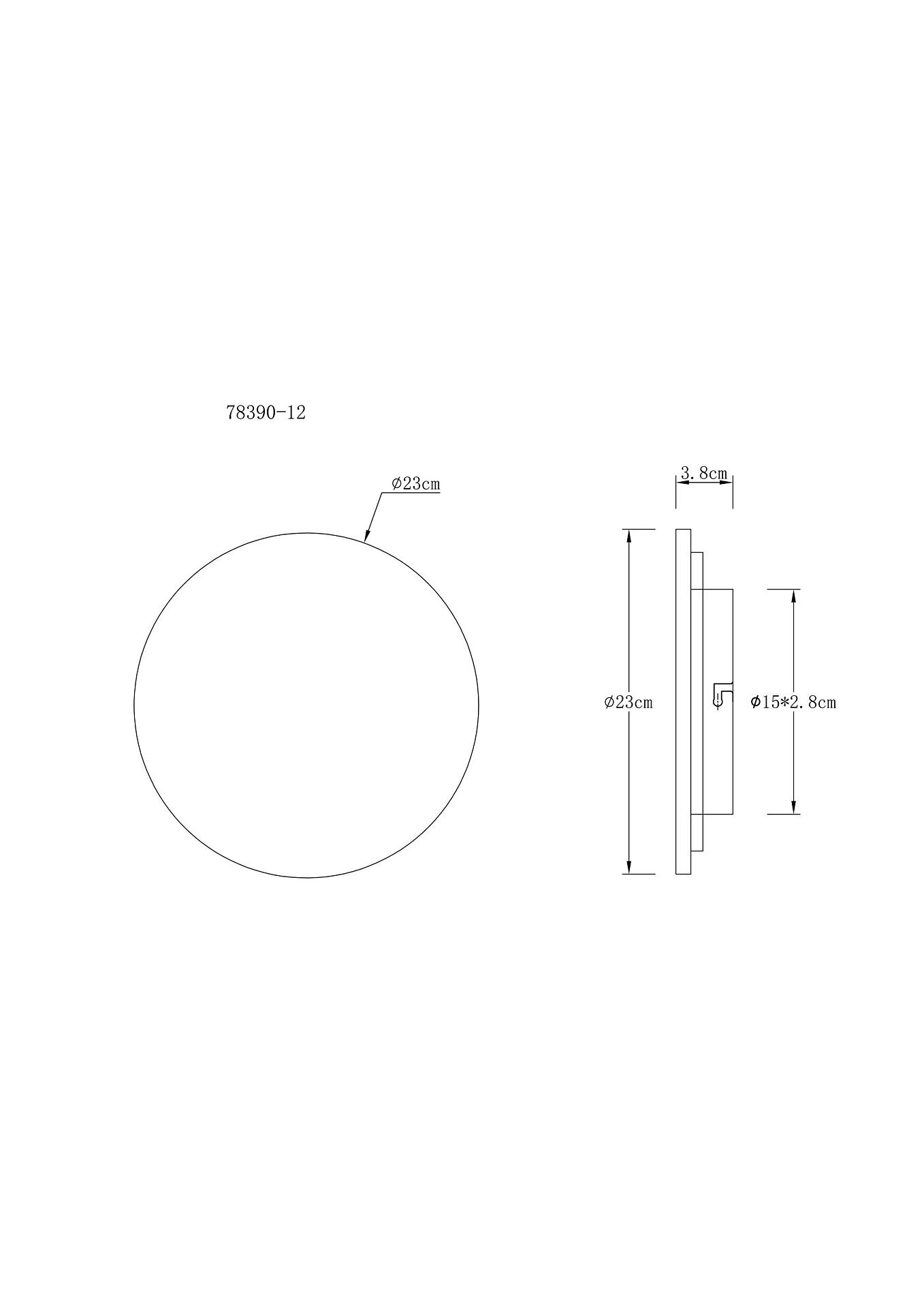 Wandleuchte JILLIAN mit Travertin-Glas, schematische Darstellung der Ø23cm Größe und des 3,8cm breiten Rahmens.