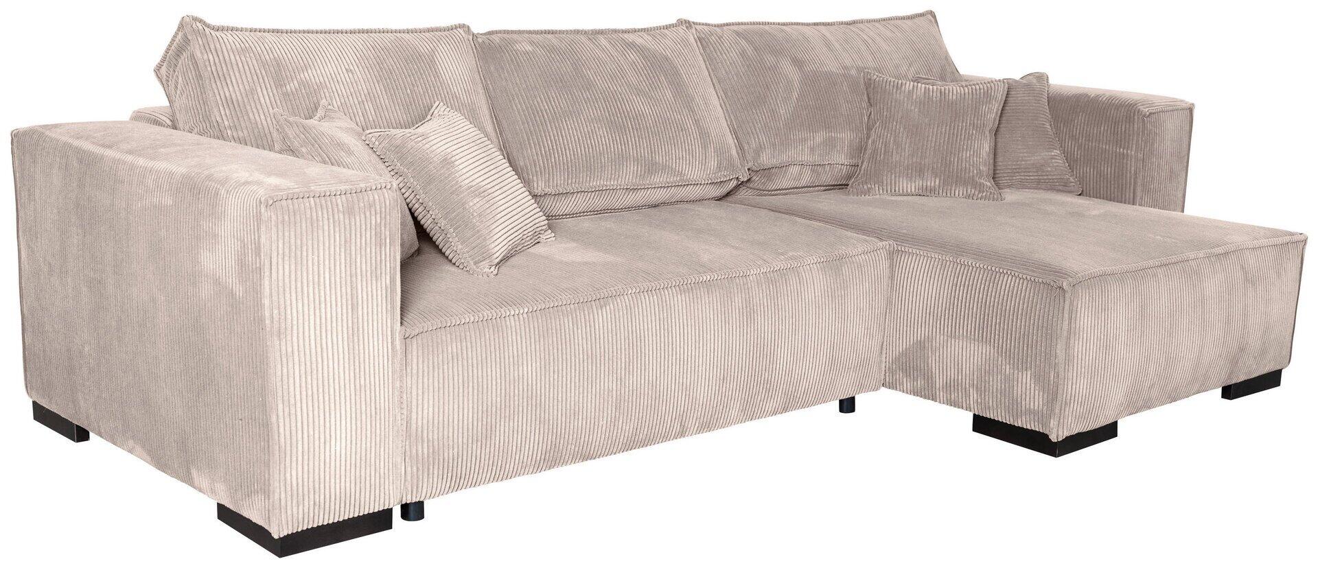 Ecksofa Mango mit Bettkasten und ausgezogener Liegefläche, detailliert aus Frontalperspektive mit weichen Polstern und zwei passenden Zierkissen.