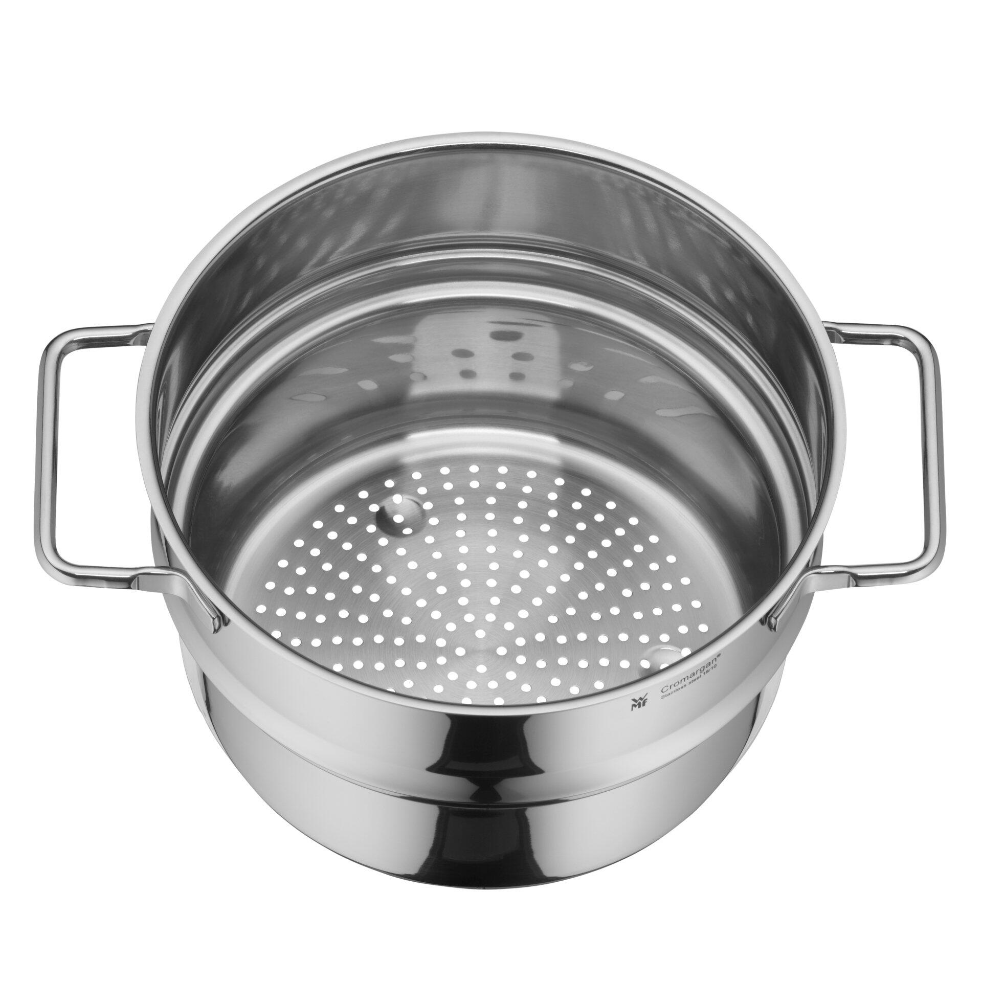 Dämpfereinsatz Ø 20cm mit perforierter Oberfläche und zwei gebogenen Griffen aus Edelstahl.