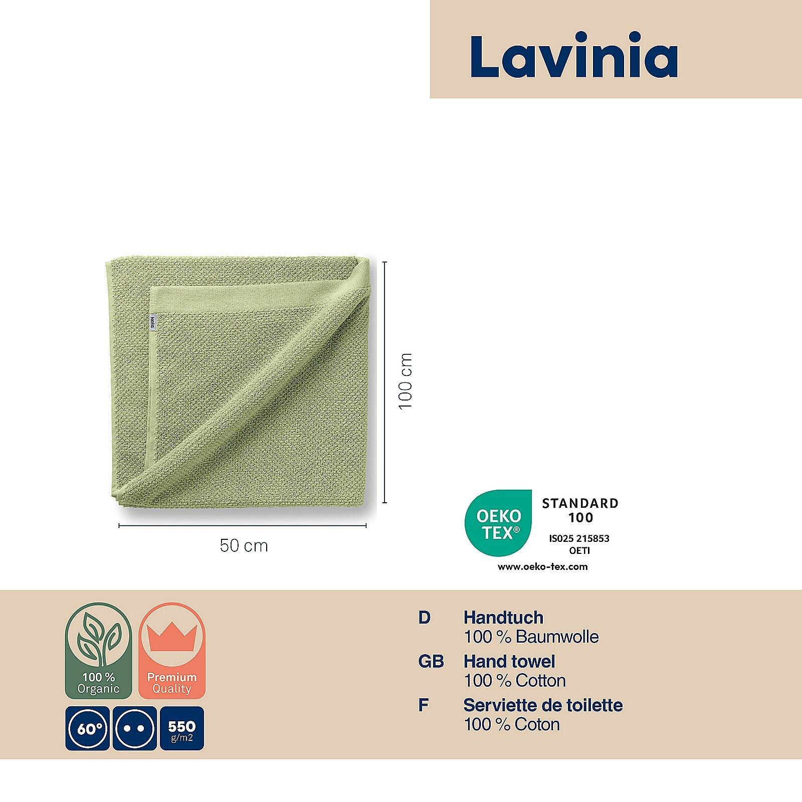 Hellgrünes Baumwollhandtuch Lavinia mit strukturierter Oberfläche und dezentem Logo, dargestellt auf hellem Untergrund mit Größenangabe 50x100 cm und Details zu Material und Zertifizierungen.