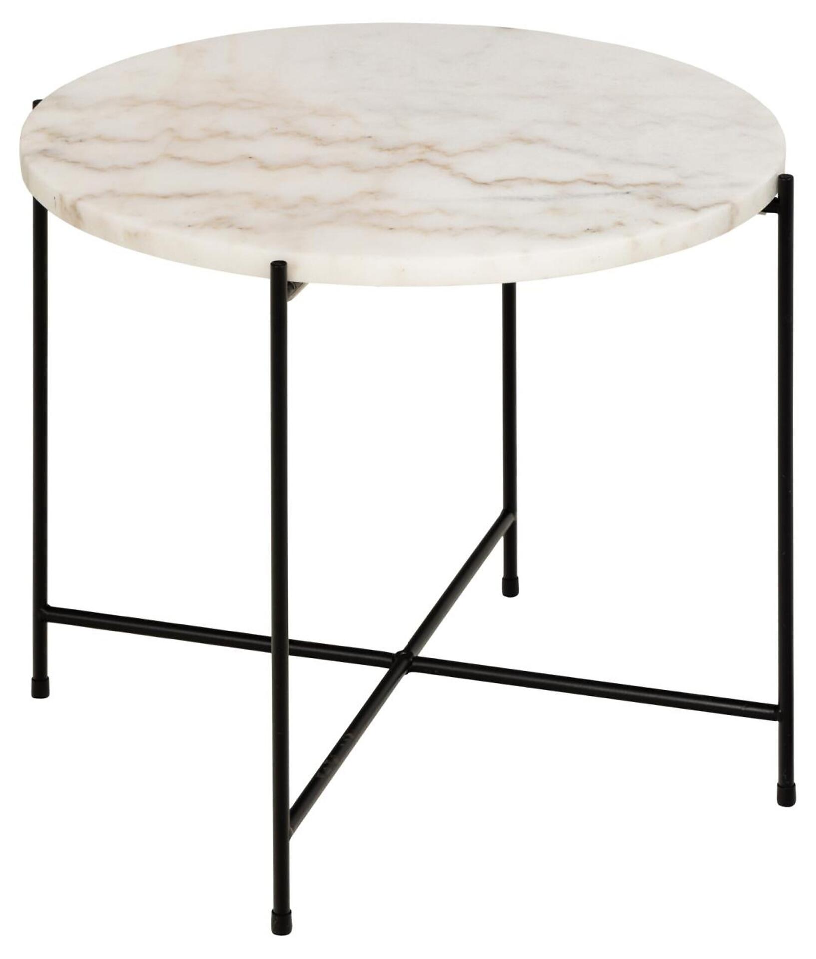Avila Ecktisch mit runder, marmorner Tischplatte in Creme mit grauen Maserungen, auf einem schlanken, schwarzen Metallgestell mit schräg gestellten, verbundenen Beinen und Bodenkappen.