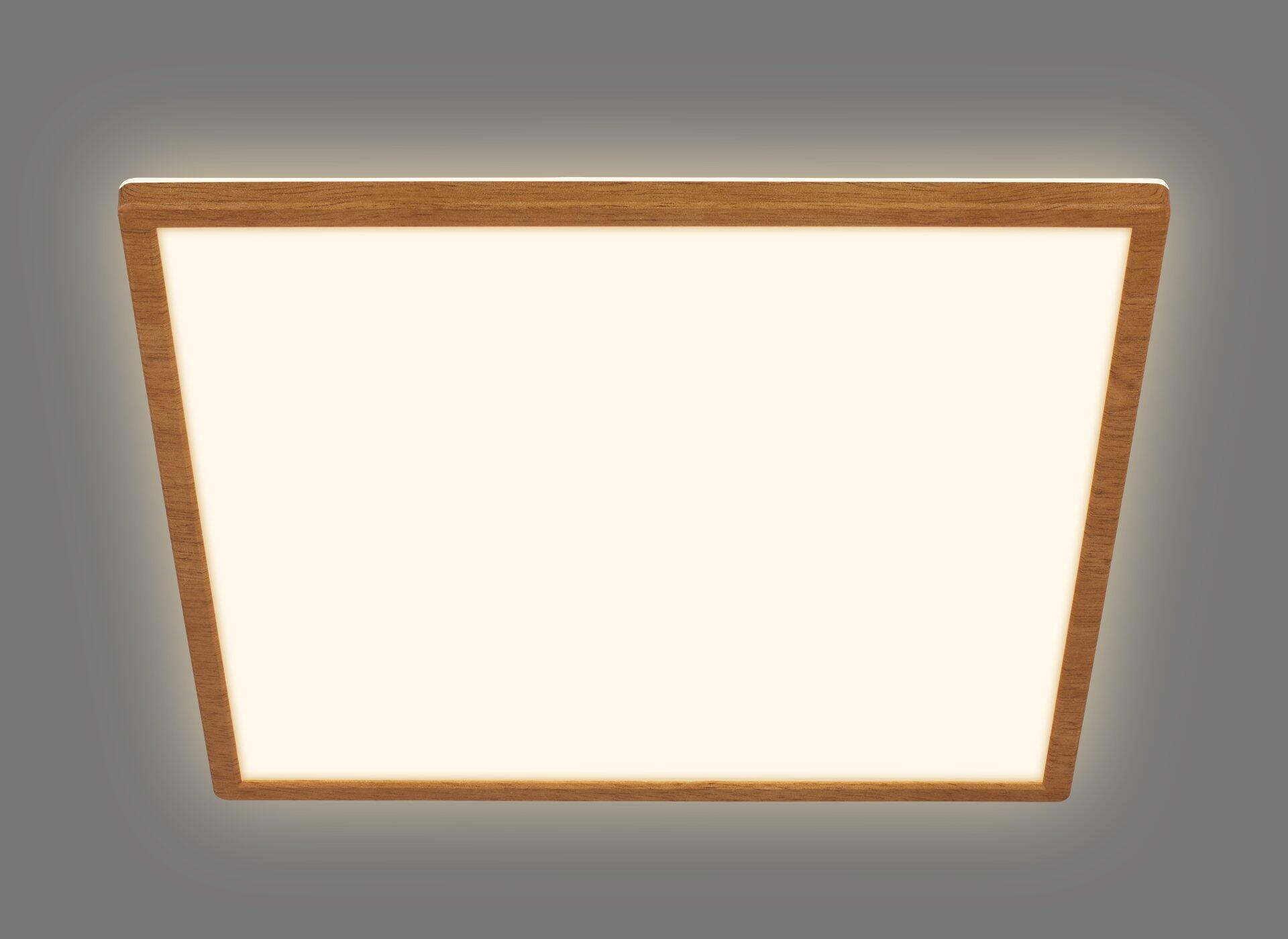 Panel Tava Wood: Quadratisches LED-Leuchtpanel mit hellem Holzrahmen und gleichmäßig beleuchteter Oberfläche.