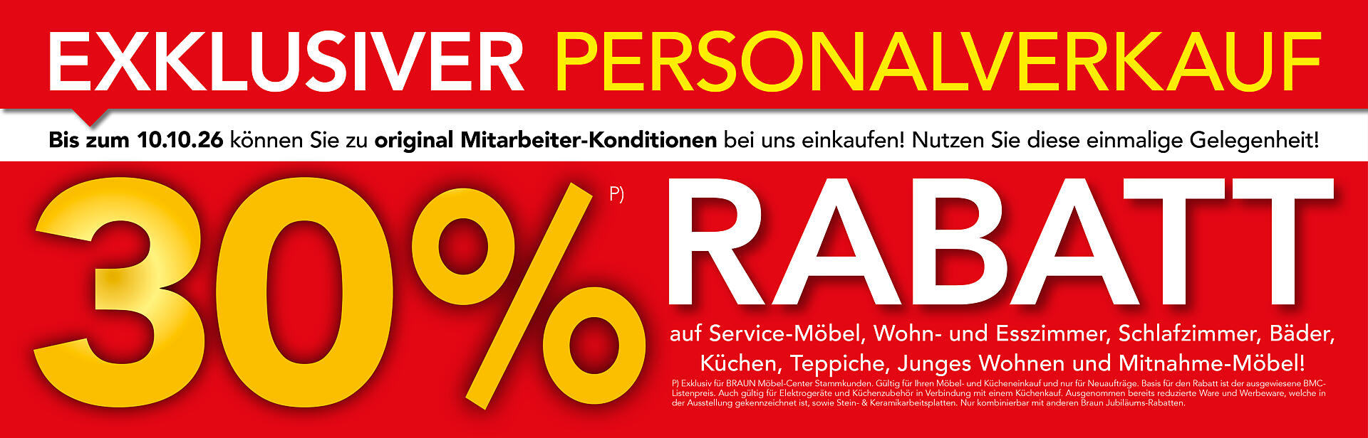 Werbeplakat für einen exklusiven Personalverkauf mit 30% Rabatt auf Möbel und Elektronik.