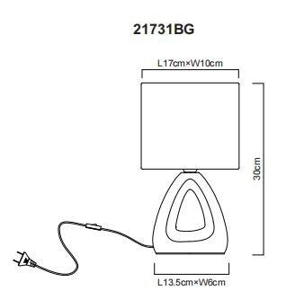 Tischleuchte TRIANGLE mit trapezförmigem Sockel, gebogenem Lampenfuß und zylindrischem Schirm, verbunden durch ein Kabel mit Wippschalter.