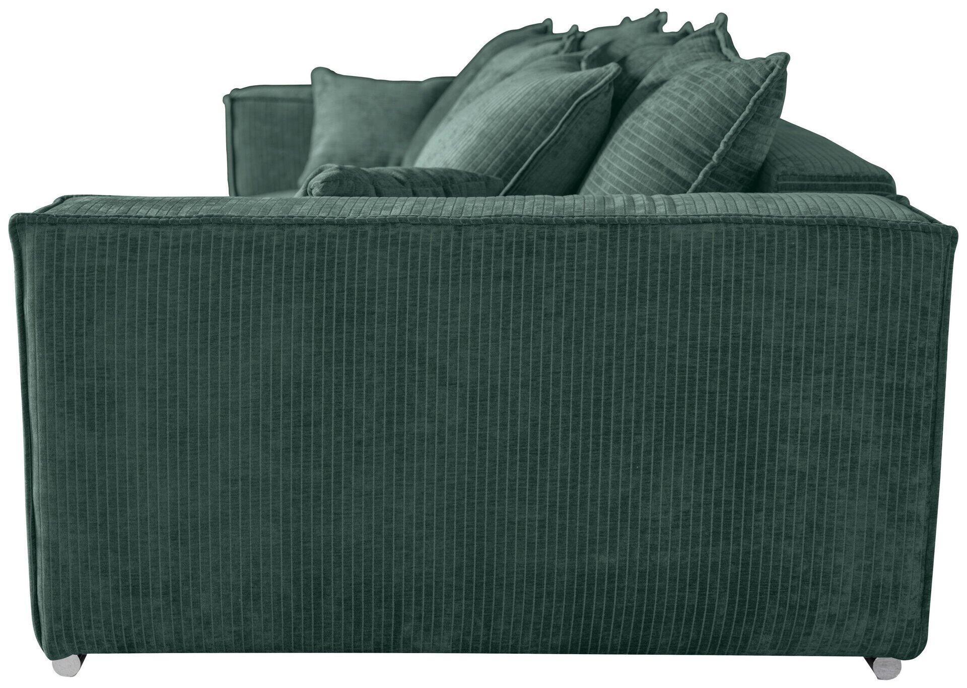 Bigsofa Sky: Detailaufnahme der Rückseite des grünen, samtenen Sofas mit dunkelgrünen Kissen und chromfarbenen Metallfüßen.
