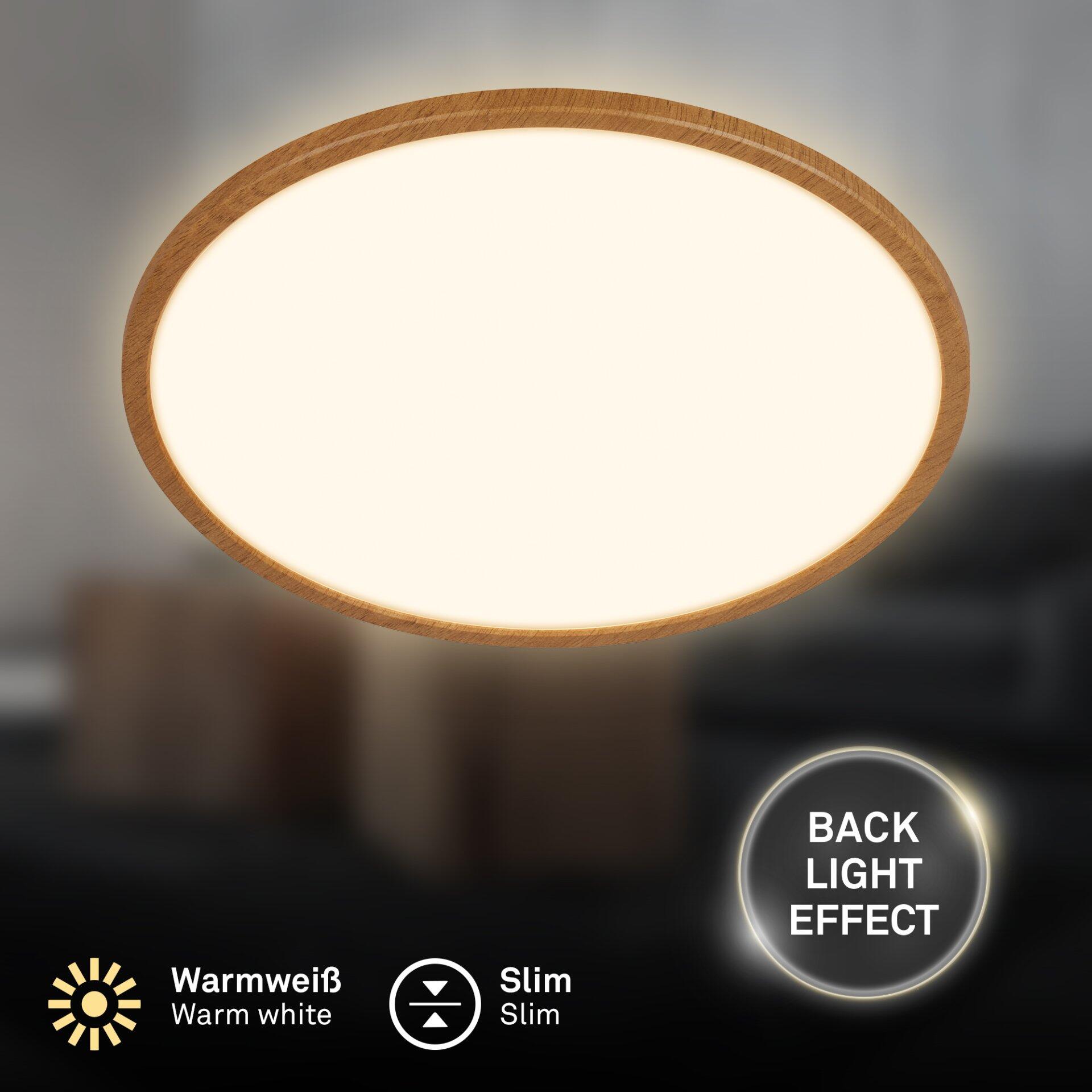Panel Tava Wood LED Stehlampe mit rundem, opaken Lampenschirm und hölzernem Rahmen, die durch einen "Backlight Effect" eine indirekte, stimmungsvolle Beleuchtung erzeugt.