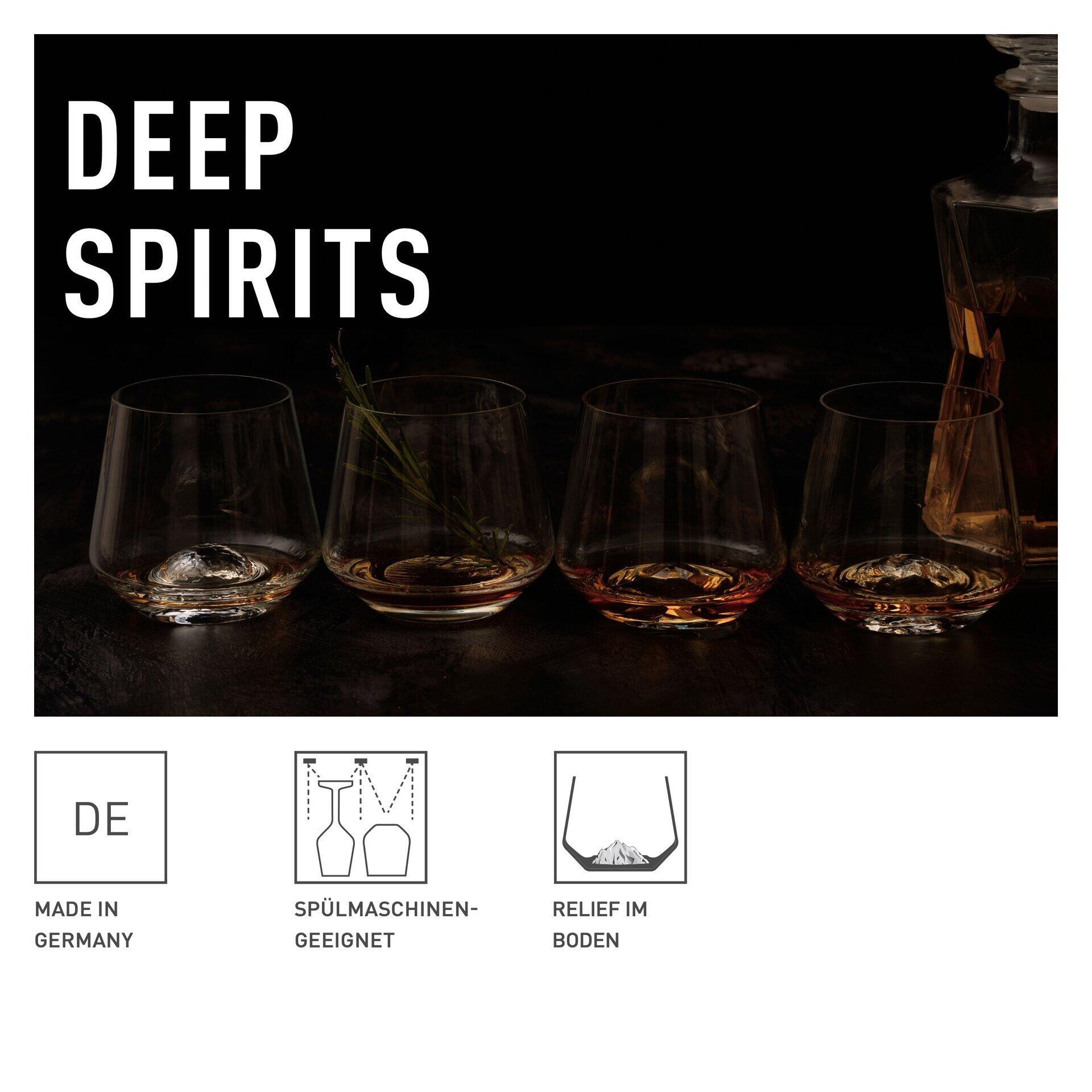 Whisky Tumbler in verschiedenen Füllständen auf einer reflektierenden Oberfläche, Detailaufnahme mit Relief im Boden und Icons für "Made in Germany" und spülmaschinenfreundliche Reinigung.