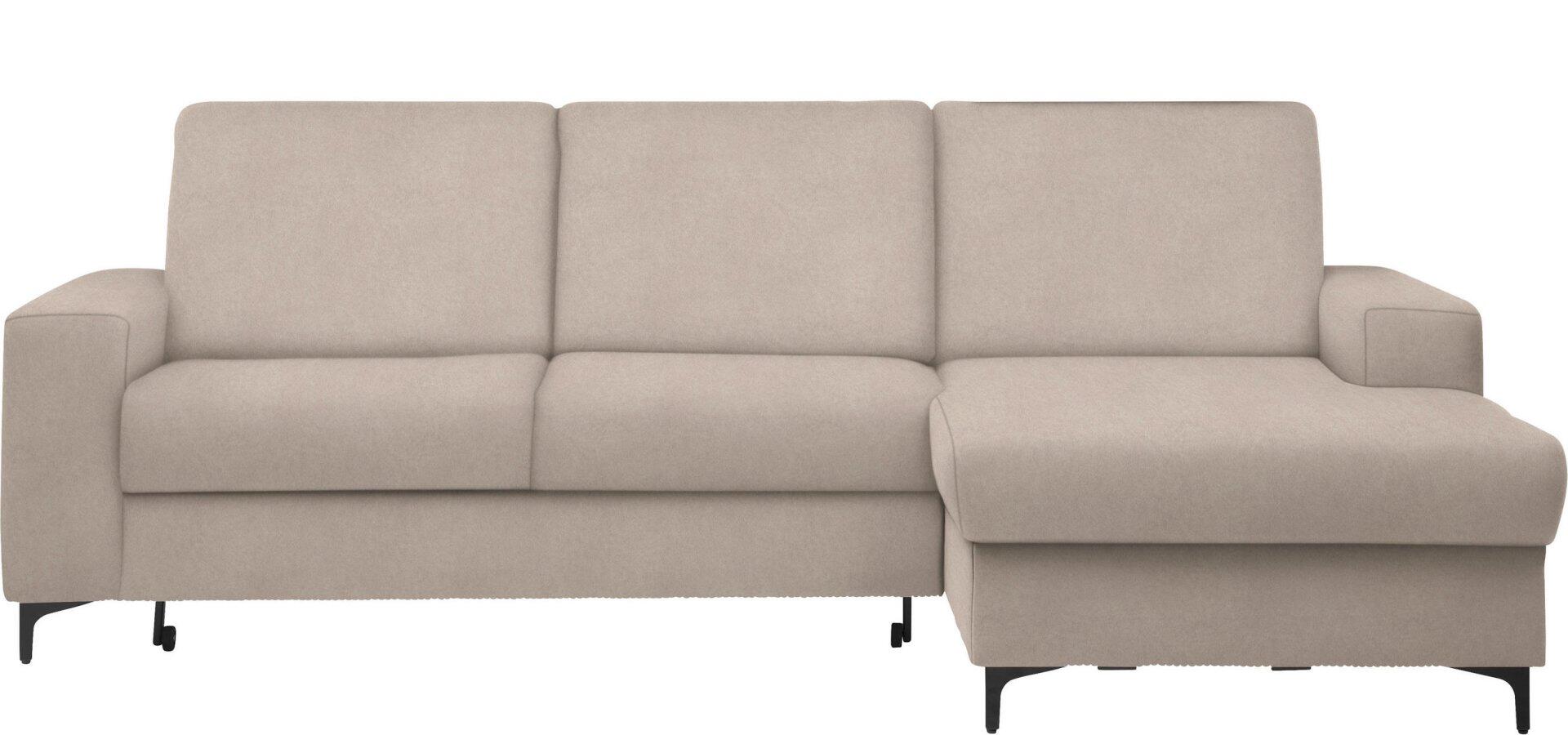 Graues Ecksofa Balina mit hochgezogener Rückenlehne, tiefen Sitzflächen und ausfahrbarer Liegefläche auf schwarzen Metallfüßen, aus der Vogelperspektive dargestellt.