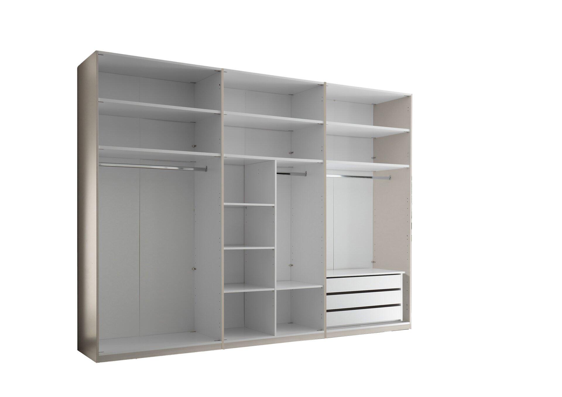 Kleiderschrank Camoleo mit sechs Türen, Schrankinnenausstattung inklusive Spiegelwand links, Kleiderstangen und Schubladen in den Innenbereichen, frontale Ansicht.