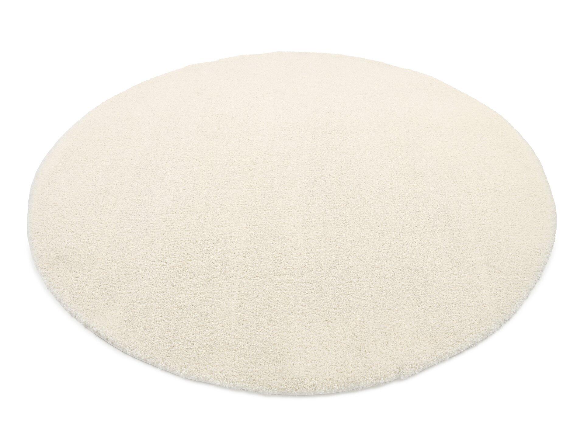 Runder, hellbeige Maschinenwebteppich "Mardin" mit flauschiger, hochfloriger Textur und 30 cm Florhöhe.