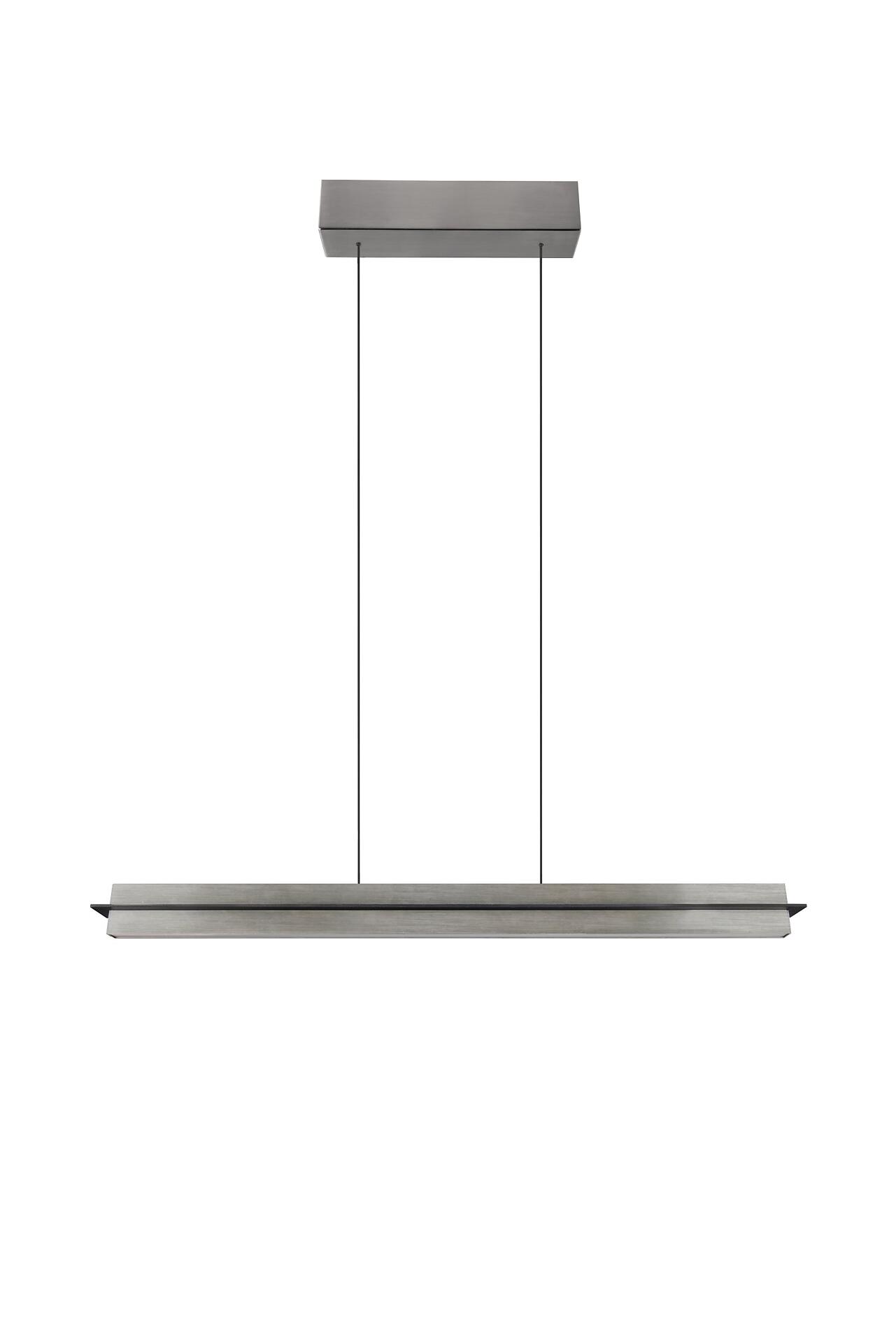 Pendelleuchte Emerson mit grauem Holzkorpus und schwarzer Metallleiste, frontale Aufnahme zeigt das schmale, flache Design und die stufenlos einstellbare Lichtfarbe.