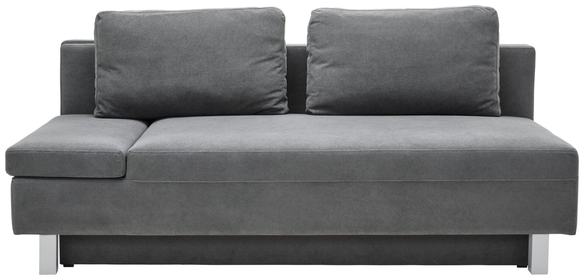 Schlafsofa Melody in Grau mit ausgefahrenem Bettkasten und zwei Rückenkissen, aus der Frontalperspektive.