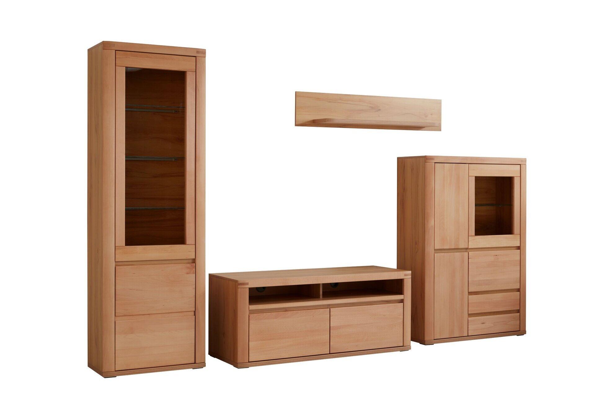 TV-Lösung Timos: Wohnwand-Ensemble mit TV-Lowboard, Hängeschränken mit Glastüren und Wandboard, dargestellt in Frontalperspektive.