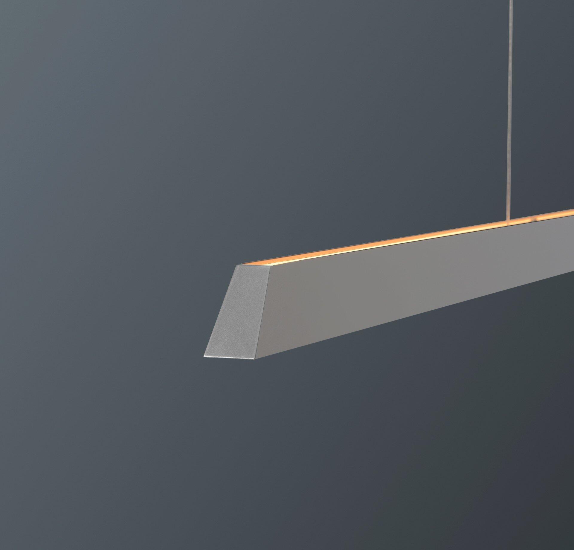 Pendelleuchte Now 20 mit schlankem, rechteckigem Design und integriertem Dimmer, dargestellt in Seitenansicht mit warmem Licht und schmalem Aufhängekabel.