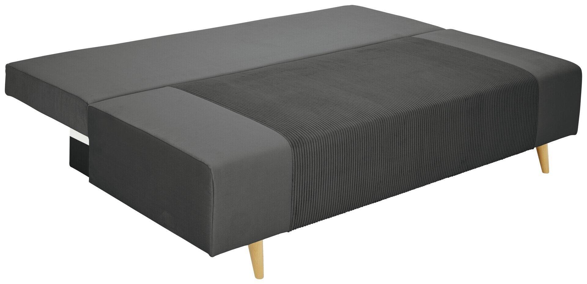 Schlafsofa Leon 2 Lux mit dunkelgrauem, strukturiertem Bettrahmen und konischen Füßen aus Buche natur, Ansicht aus der Seitenperspektive.