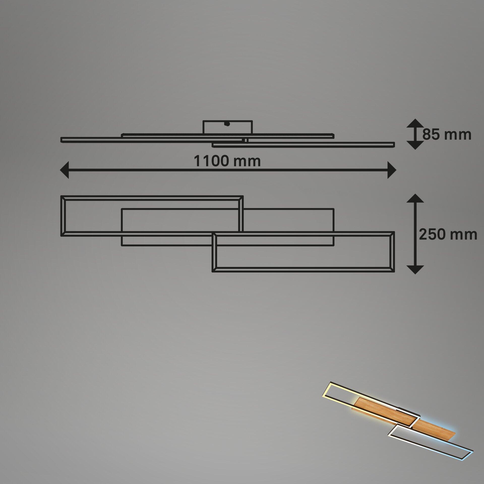Lowboard Cornice mit schwarzem Rahmen und versetzten, teilweise holzoptisch gestalteten Fächern, Detailaufnahme des schlanken Designs und der Abmessungen 1100 mm breit, 85 mm hoch und 250 mm maximaler Höhe.
