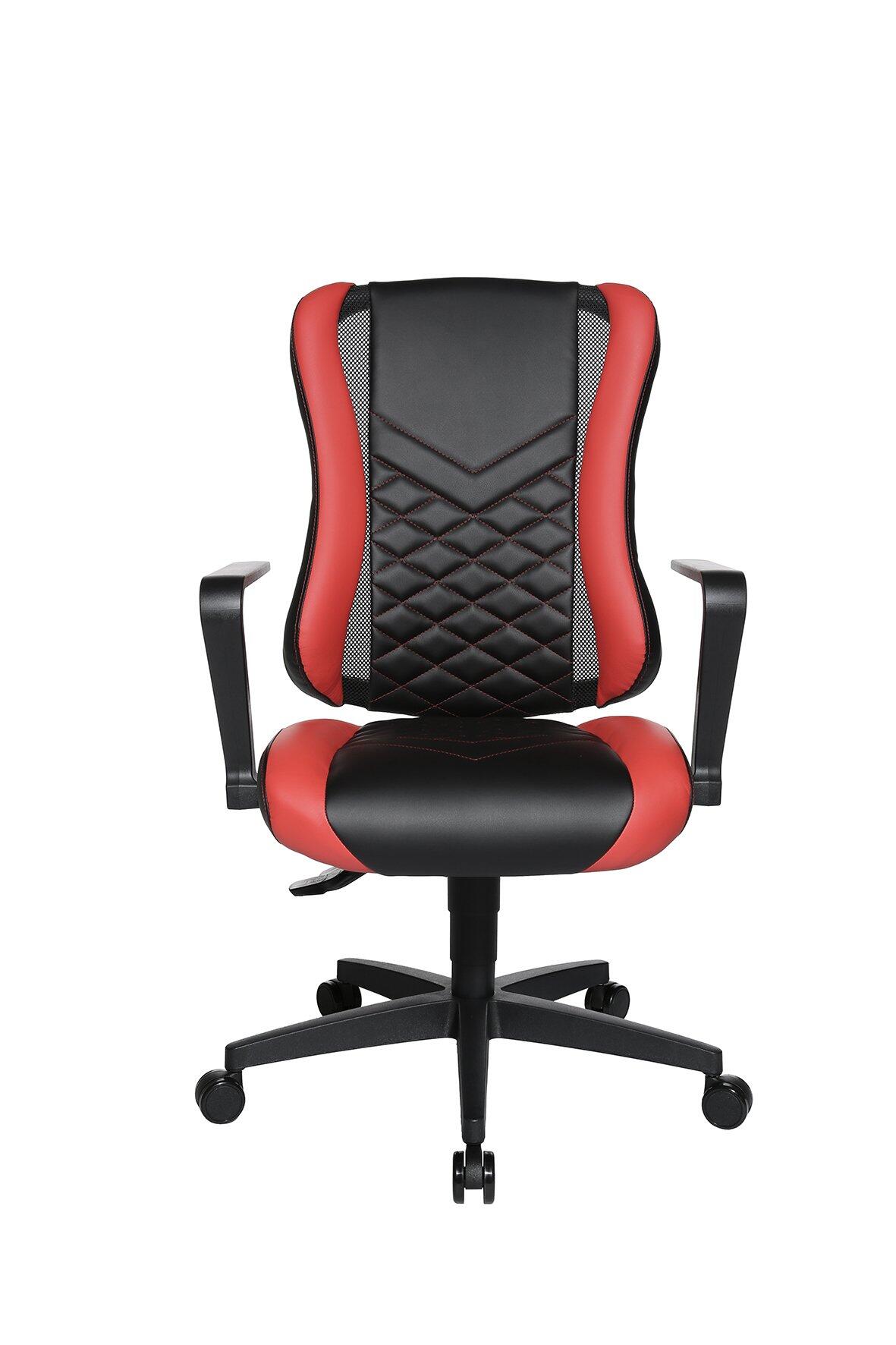 Gaming Chair 10: Schwarzer Gaming-Sessel mit rotem Akzent, verstellbarer Sitzhöhe und ergonomischen Armlehnen.