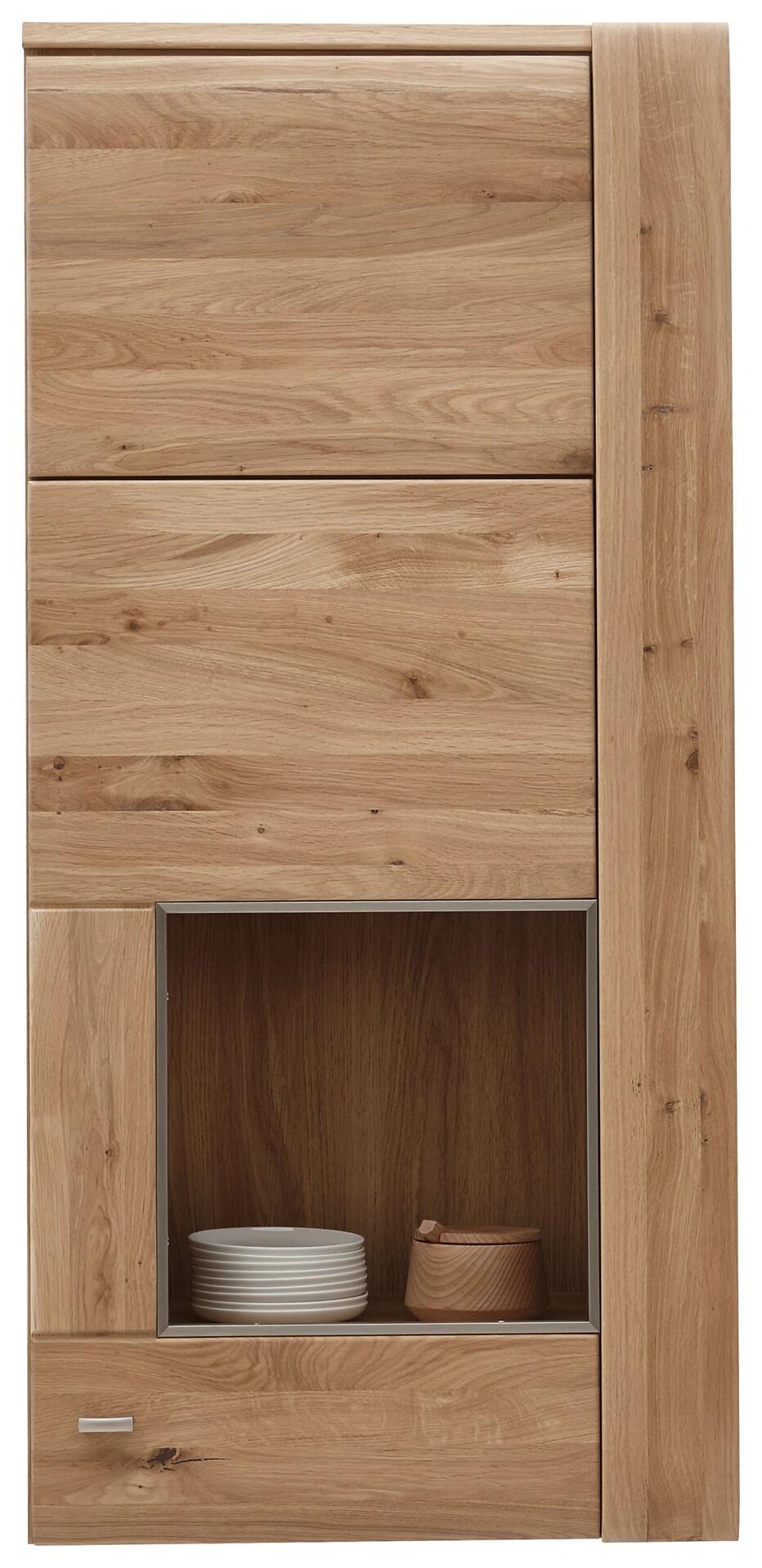 Hängevitrine Colorado mit rechten Glastür, Front aus massiv geöltem Altholz, präsentierend einen offenen Fachbereich mit Regalboden und einer Schublade.