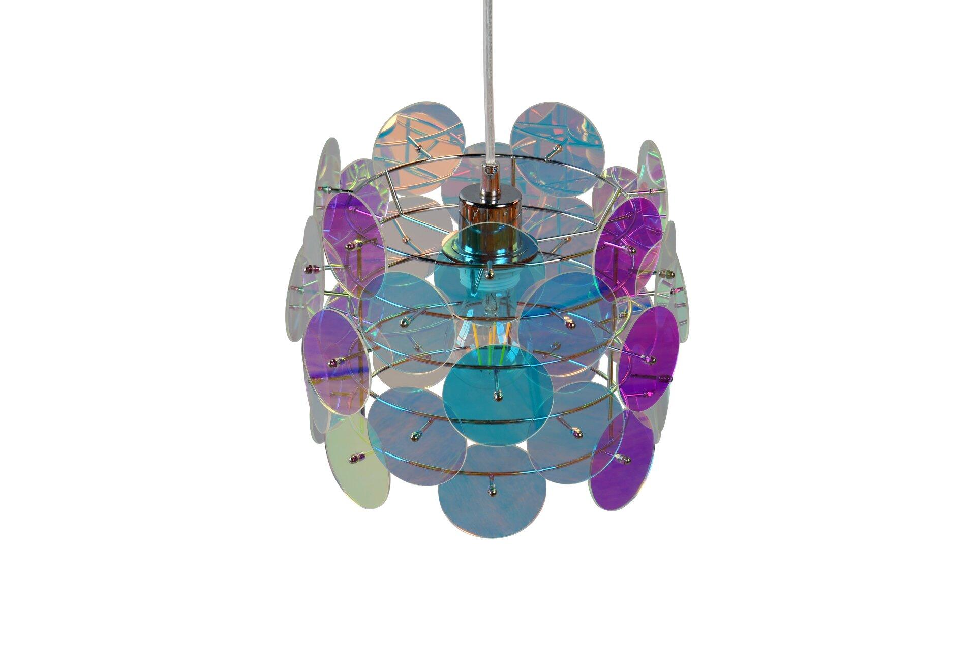 Pendelleuchte Iride mit irisierenden, scheibenförmigen Elementen, die ein reflektierendes Lichtmuster erzeugen und ein modernes, skulpturales Design zeigen.