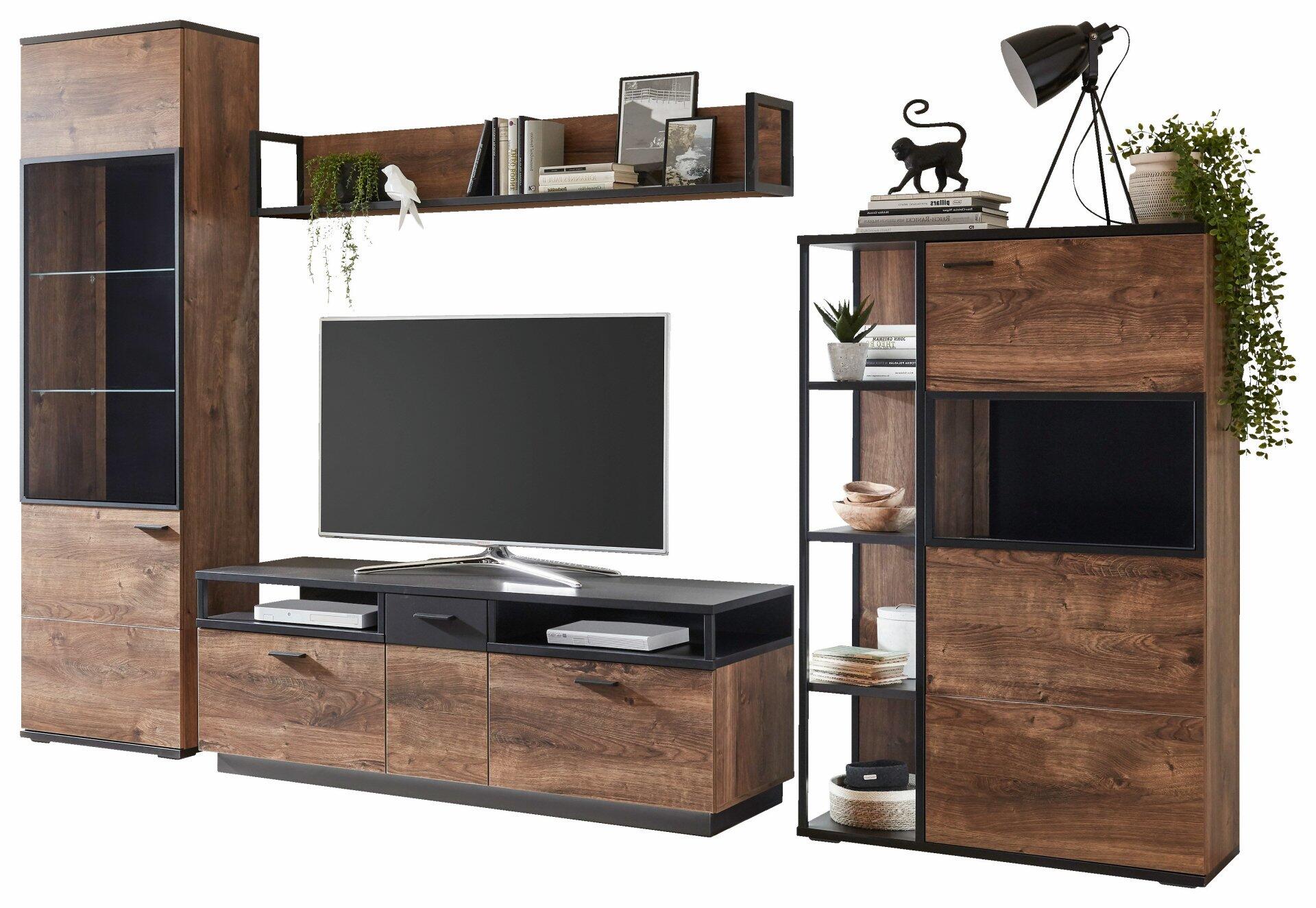 TV-Wohnlösung Bastian mit Sideboard, TV-Schrank und offener Regalelement, dargestellt aus leicht seitlicher Perspektive mit Glastüren, schwarzen Akzenten und einer Anordnung, die einen funktionalen und modernen Wohnraum schafft.