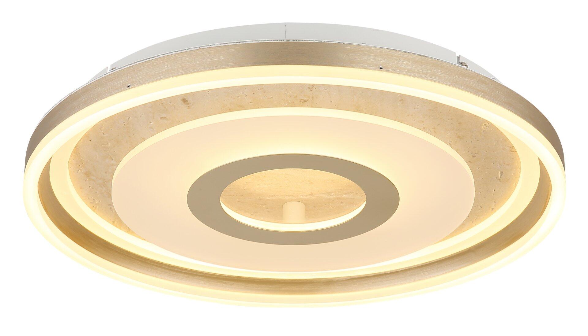 Deckenleuchte CARDENAS: Weiße LED-Deckenleuchte mit mehreren konzentrischen, leuchtenden Ringen für indirekte Beleuchtung.
