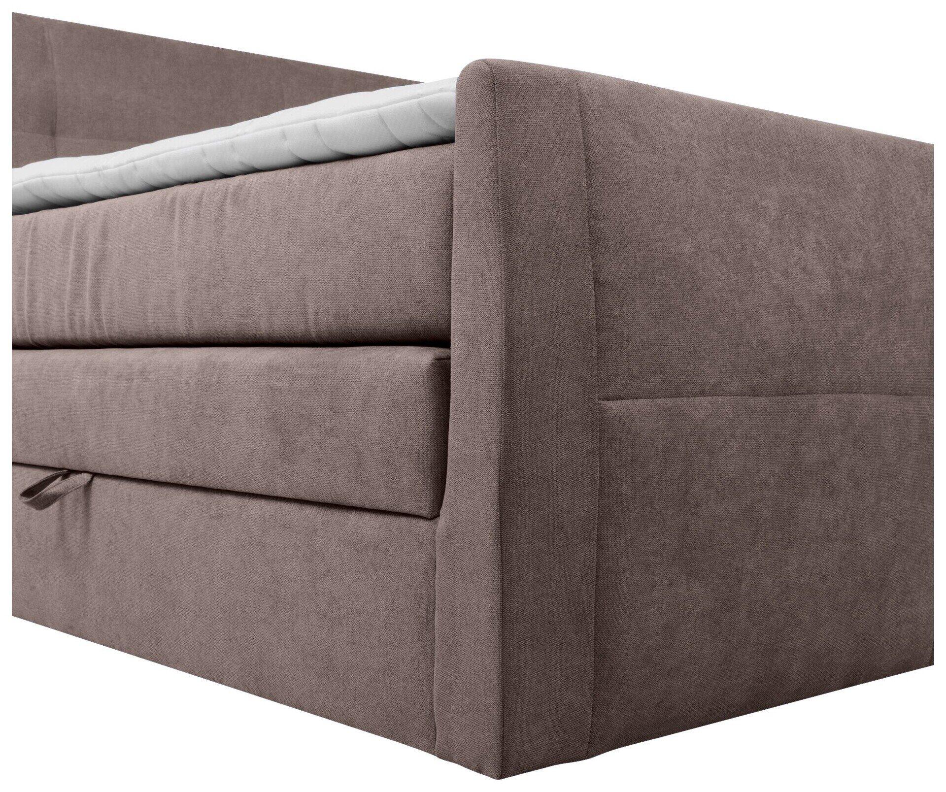 Boxspringbett Limos 2 mit Schubladen und leicht geöffneter Schublade, Detailaufnahme vom unteren Bereich in Dreiviertelperspektive.