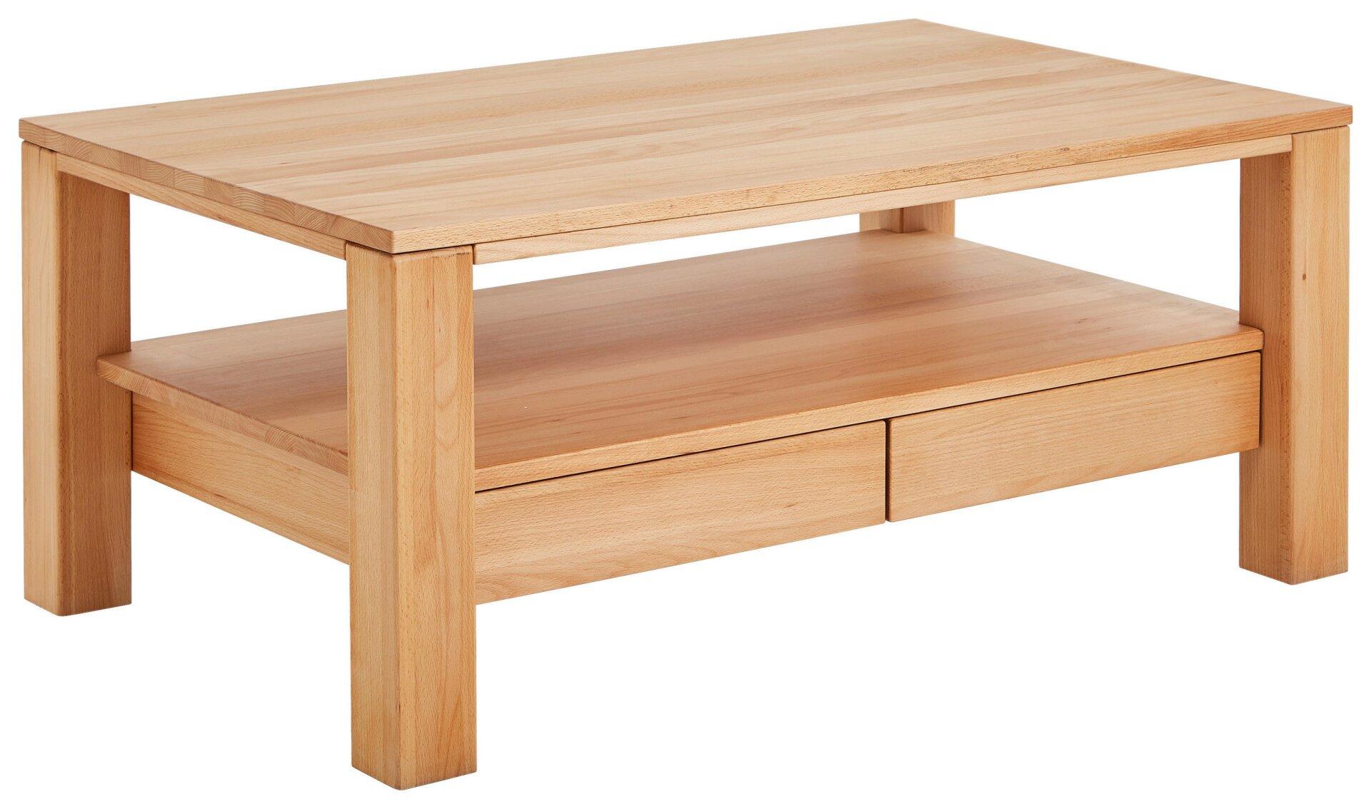 Rechteckiger Couchtisch Panama mit Ablagefläche, Schublade und Rollen, aus Holz in einem warmen Gelbton, leicht erhöhte Frontalansicht.
