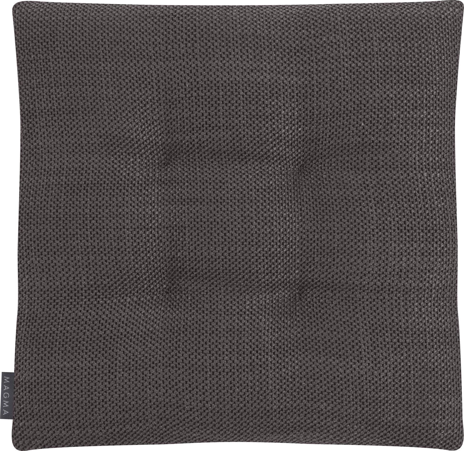WendeStuhlkissen Austin: Detailaufnahme des anthrazitfarbenen, strukturierten Jacquard-Stoffes mit "MAGMA"-Etikett.