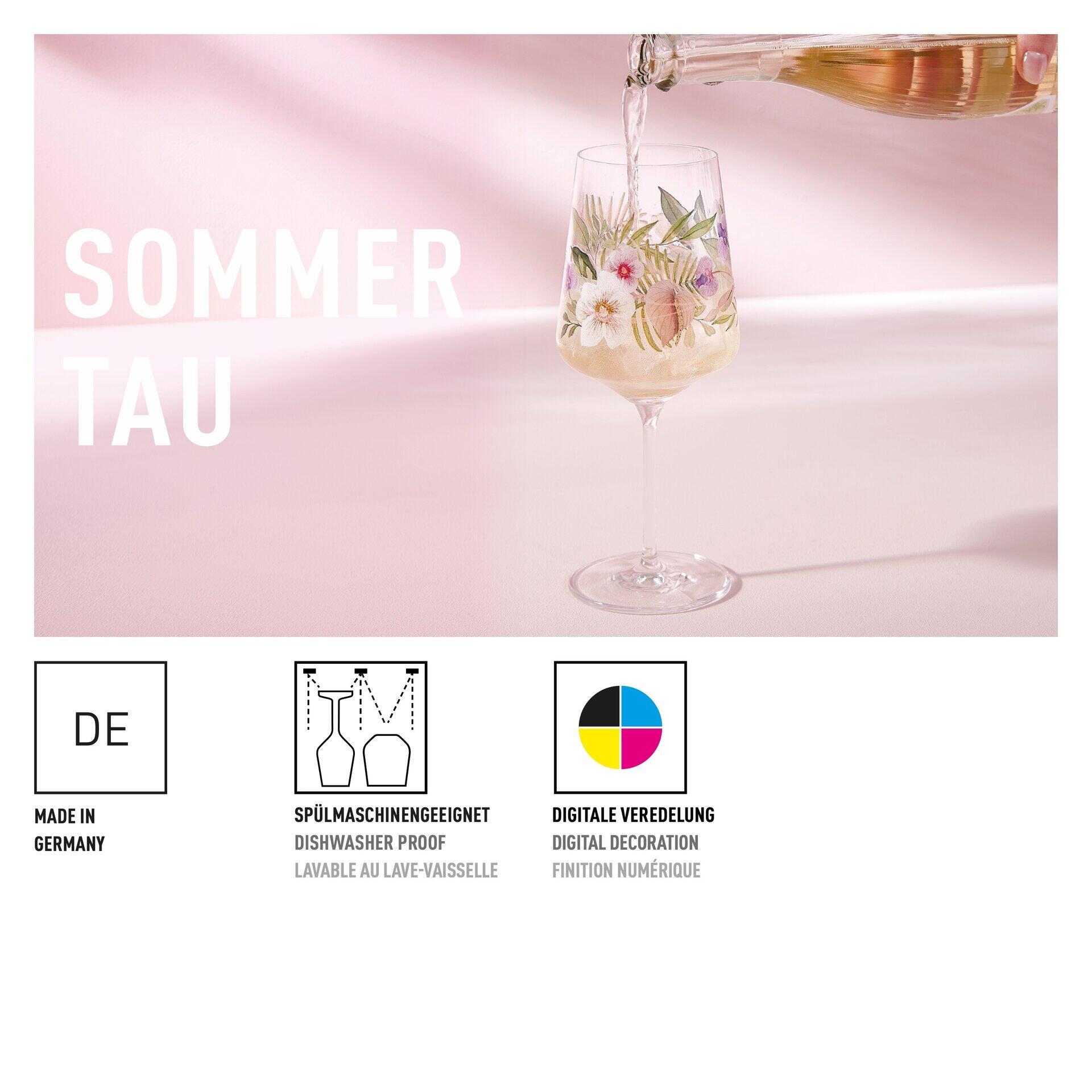 Nahaufnahme eines Aperitifglases mit verziertem Stiel auf weißem Untergrund, ergänzt durch Informationen zur Spülmaschinenfestigkeit, digitaler Veredelung und Herkunft "Made in Germany".