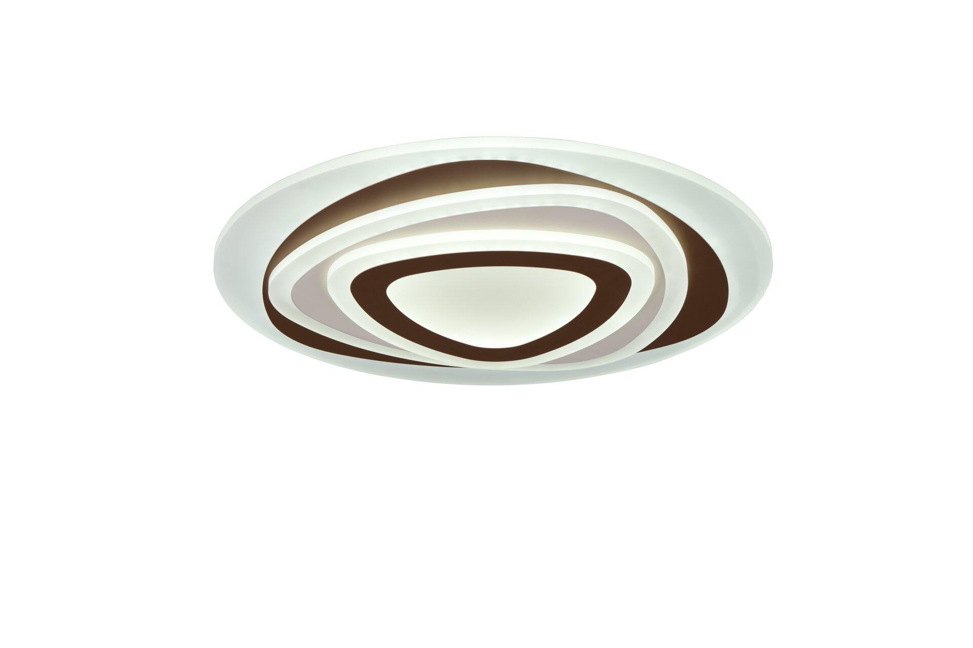 Deckenleuchte Zilo mit kreisförmigem Design aus weißen und braunen, konzentrischen Ringen, die ein warmes, diffuses Licht abgeben.