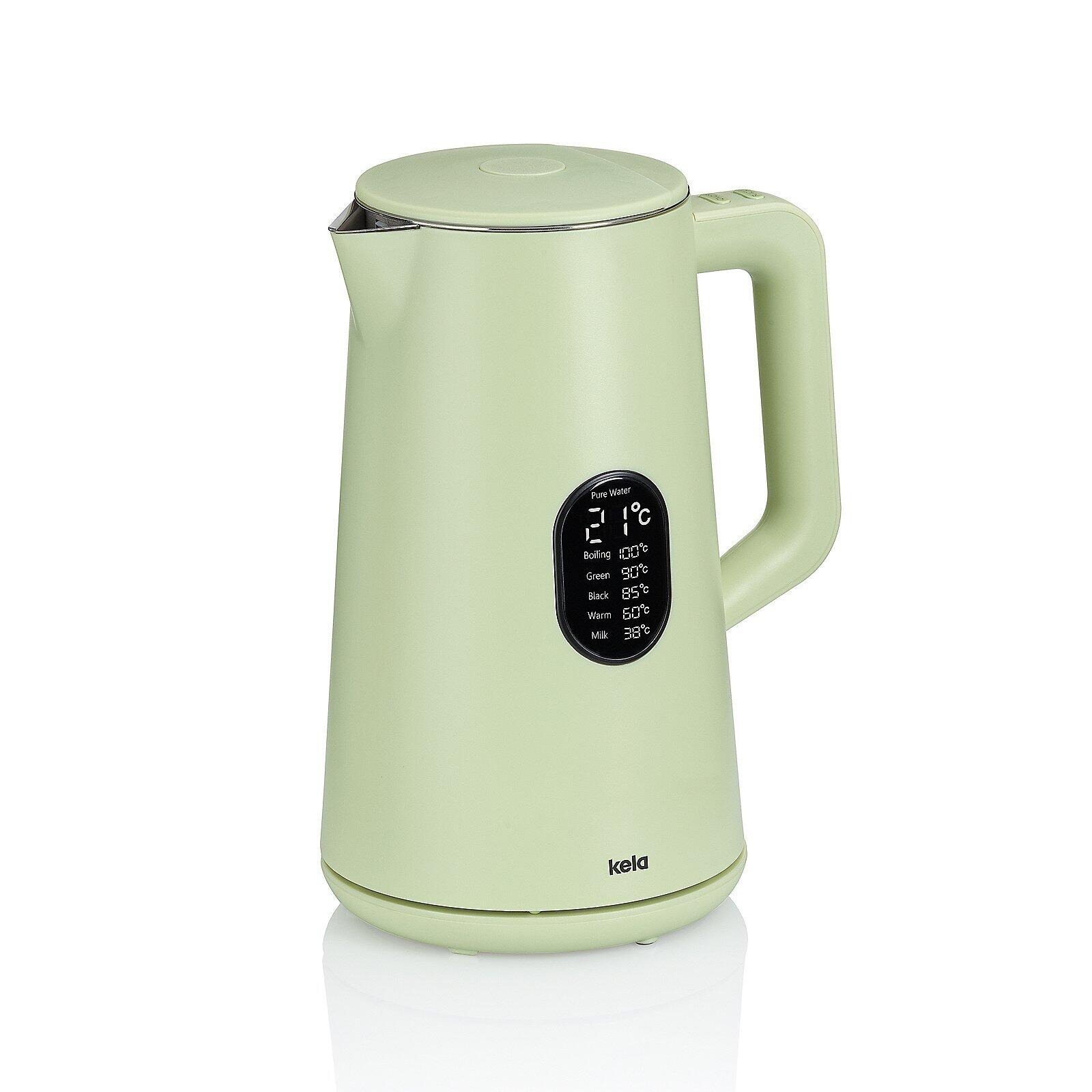 Wasserkocher Santos mit grünem Gehäuse, Temperaturanzeige und kela-Branding in Seitenperspektive.